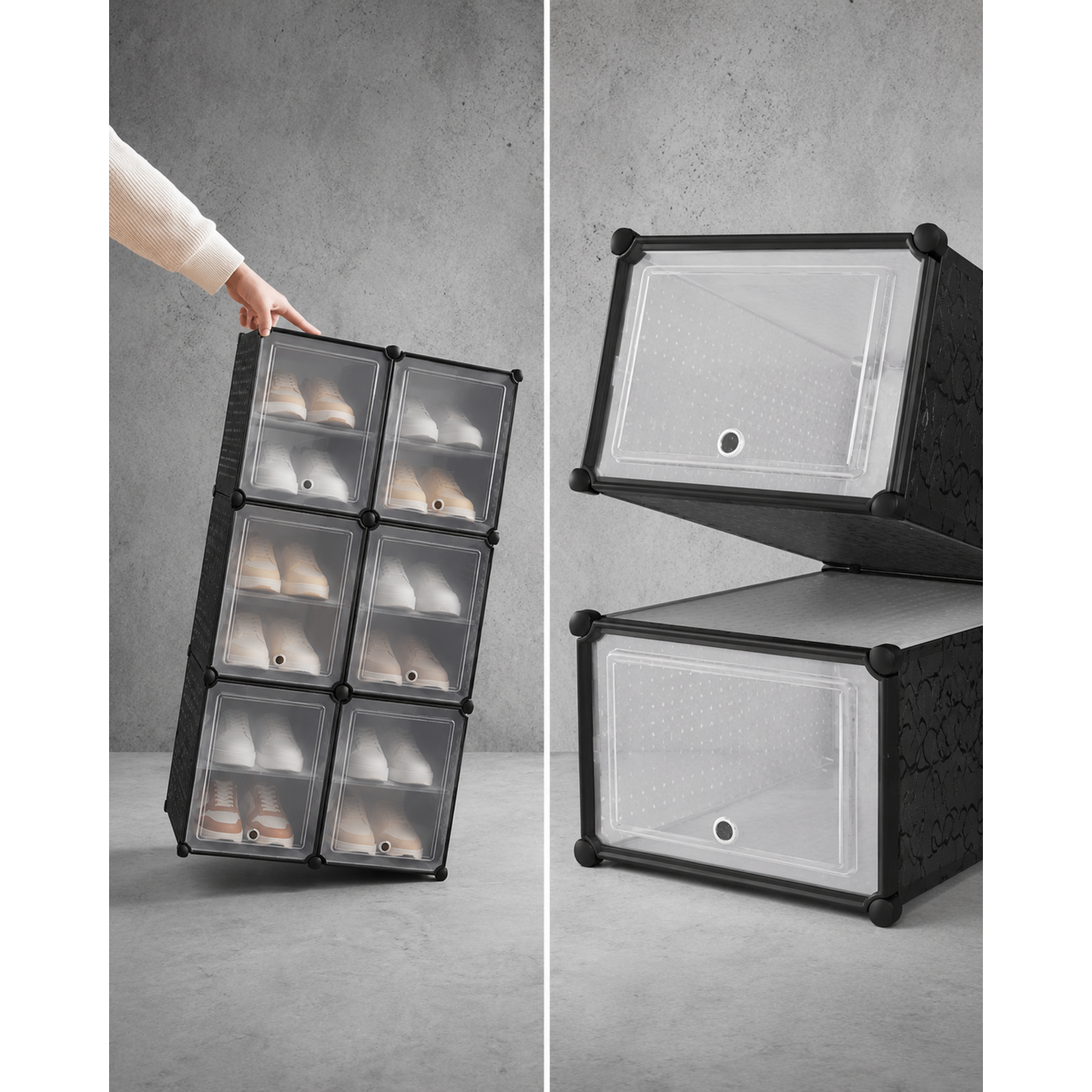 Bobbel Home Shoe Box Set of 6 - Shoe Storage Boxes - Shoe Organizer - Up to Size 45 - Transparent Black
