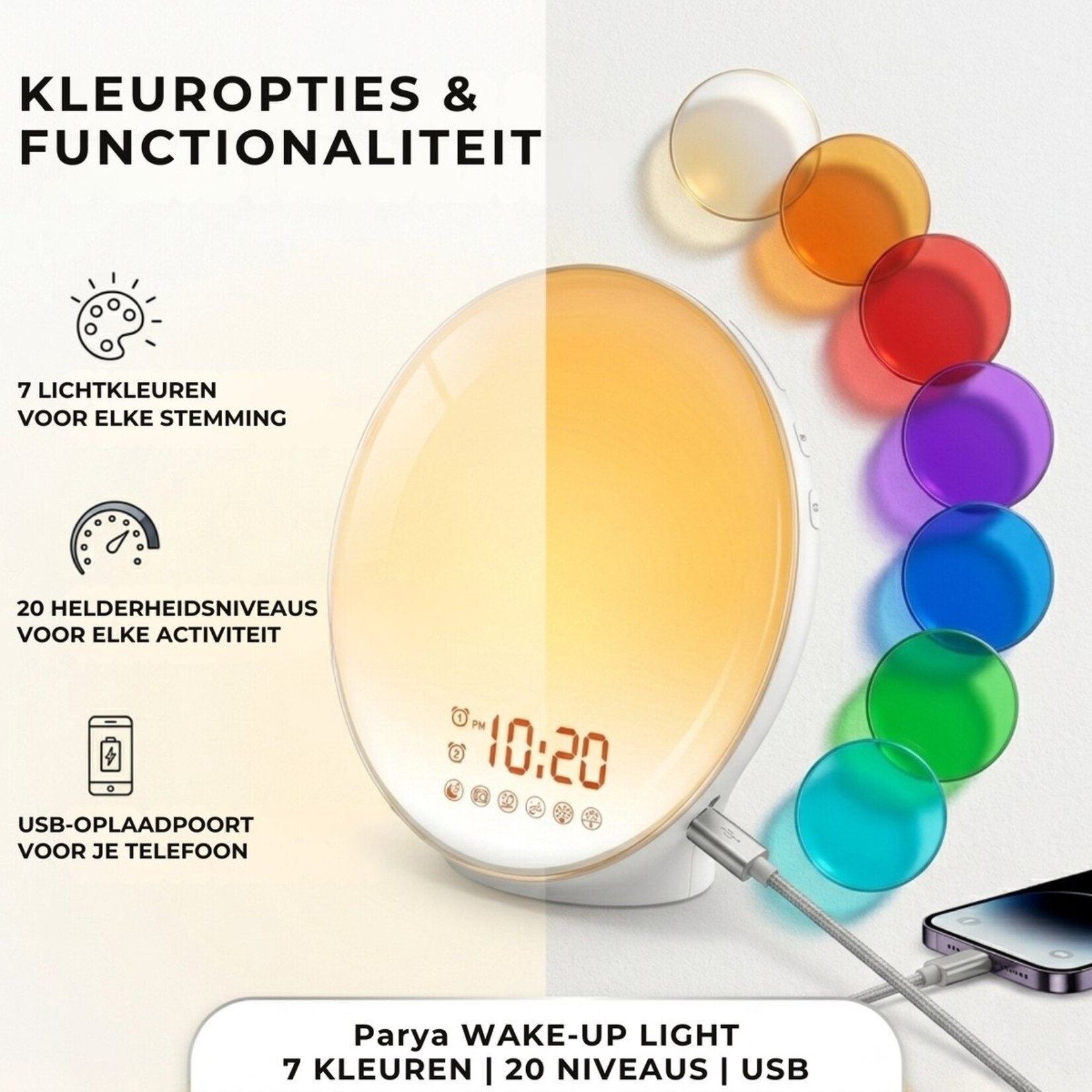 Dutch Wanted Dutch Wanted - Wake up light – Wekkerradio – Nachtlamp – Bedlamp – Lichttherapielamp – Wit