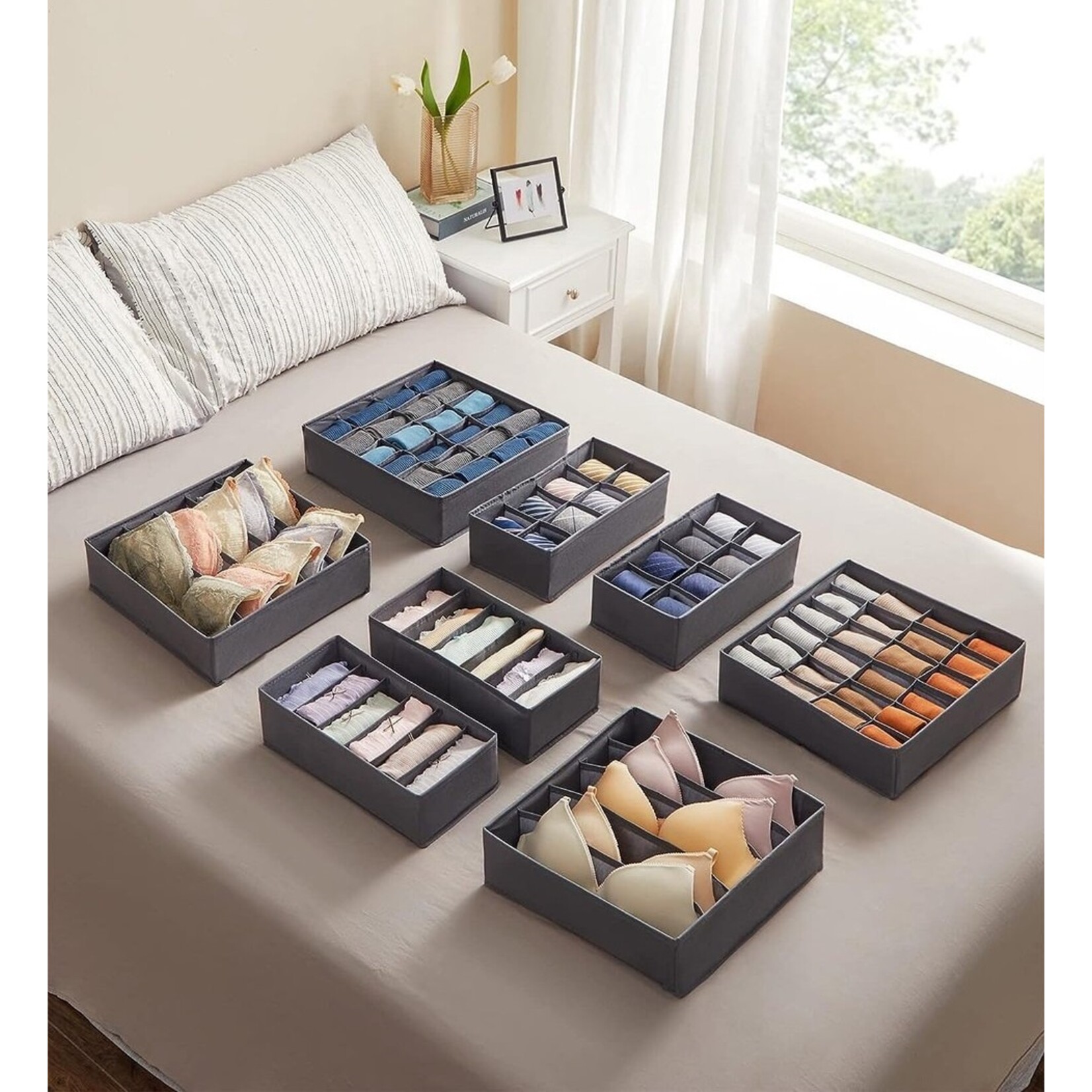 Parya Home Bobbel Home - Ondergoed  Opbergdozen Lade-organizer set van 8 grijs