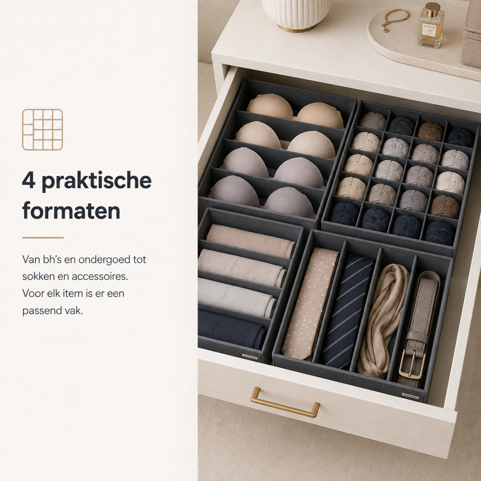 Parya Home Bobbel Home - Ondergoed  Opbergdozen Lade-organizer set van 8 grijs