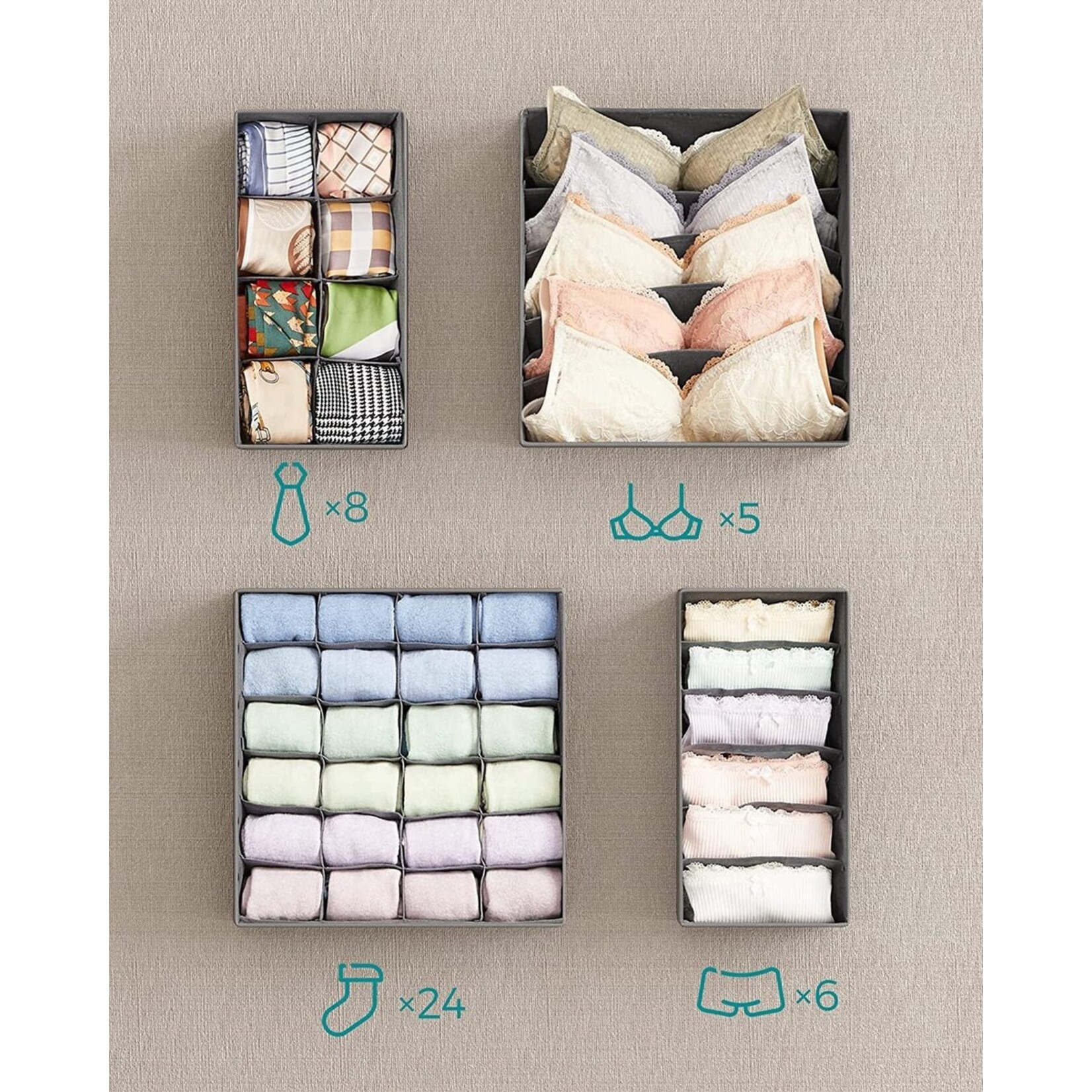 Bobbel Home - Ondergoed Opbergdozen Lade-organizer set van 4 grijs