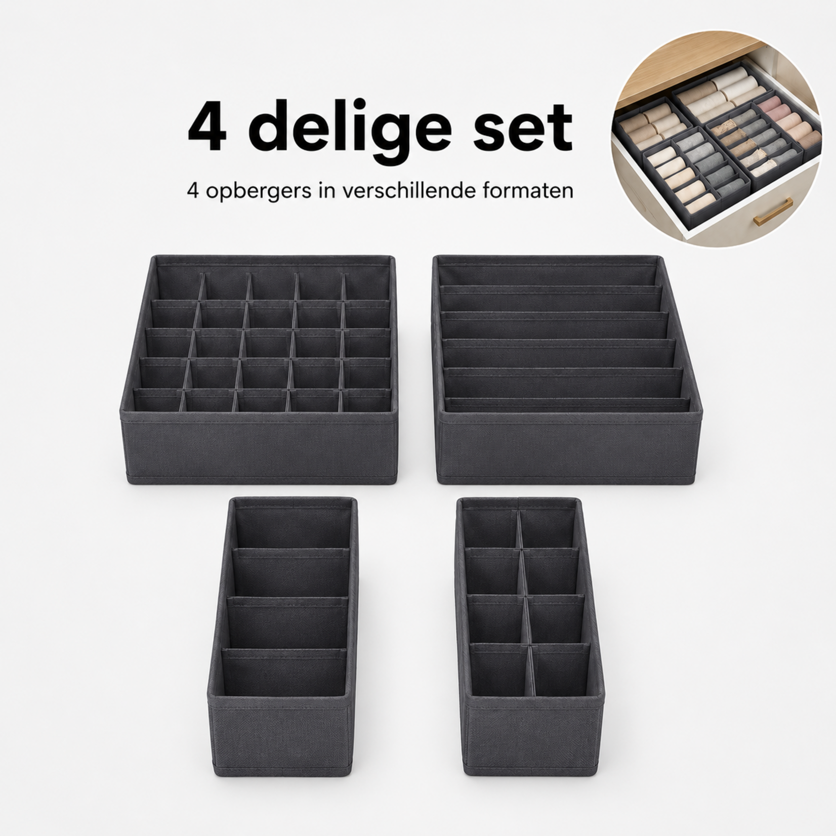 Bobbel Home - Ondergoed Opbergdozen Lade-organizer set van 4 grijs