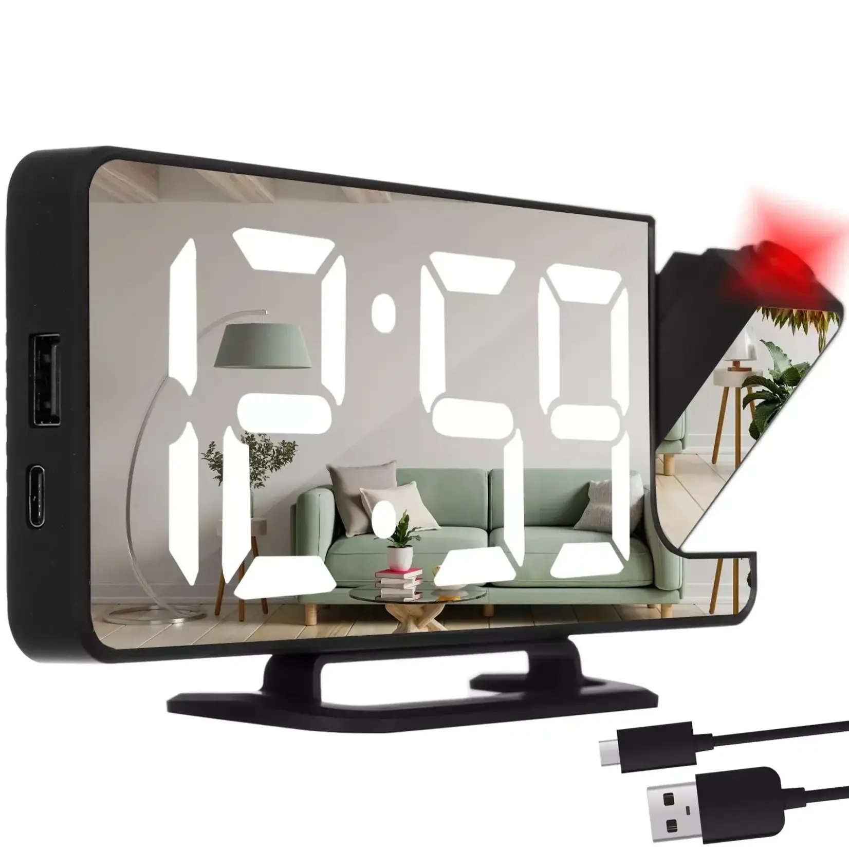 Bobbel Home Digital LED Alarm Clock with Projector and Mirror – 180° Rotating Time Projection – 5 Brightness Levels – USB C – Black