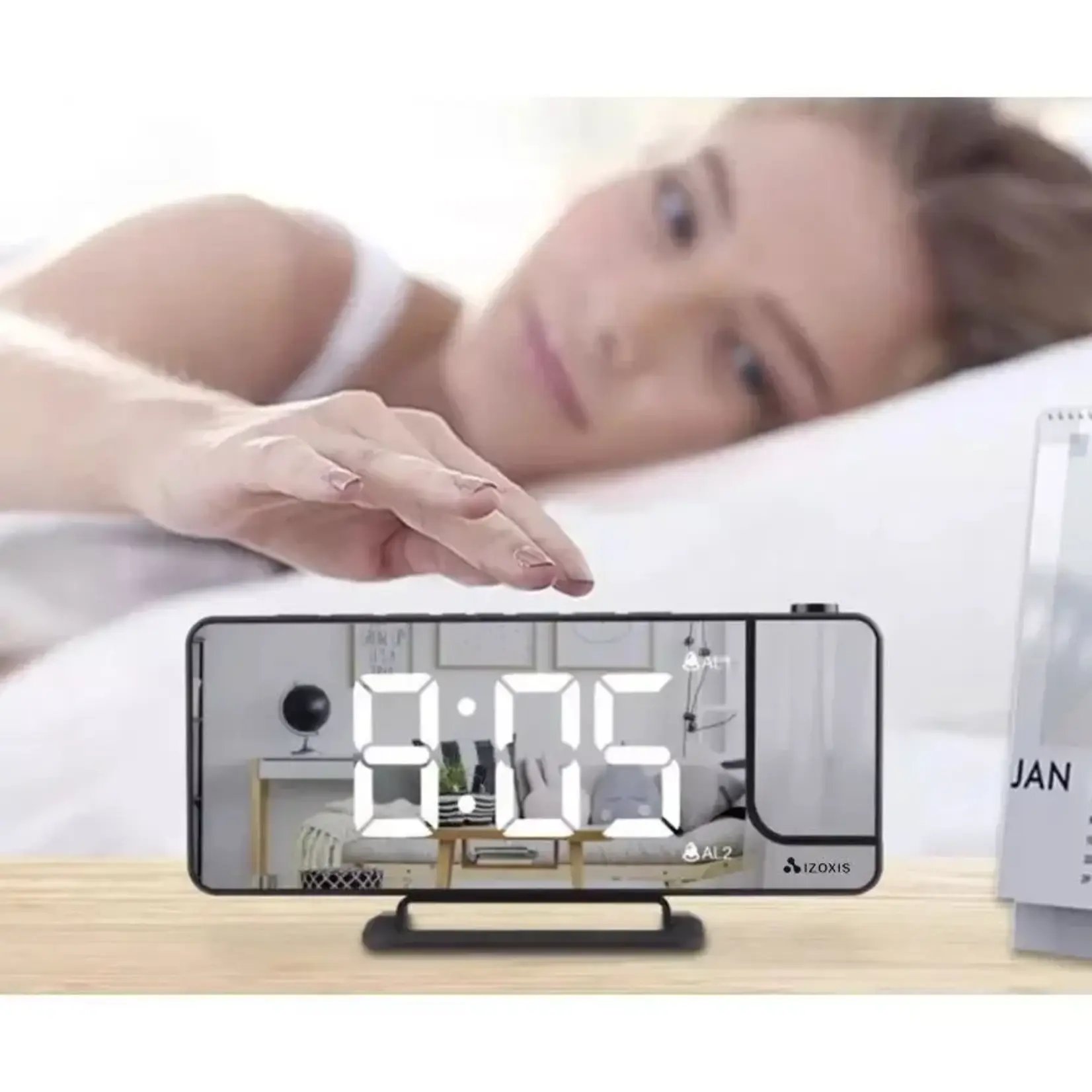 Bobbel Home Digitale LED Wekker met Projector en Spiegel – 180° Draaibare Tijdprojectie – 5 Helderheidsstanden – USB C – Zwart