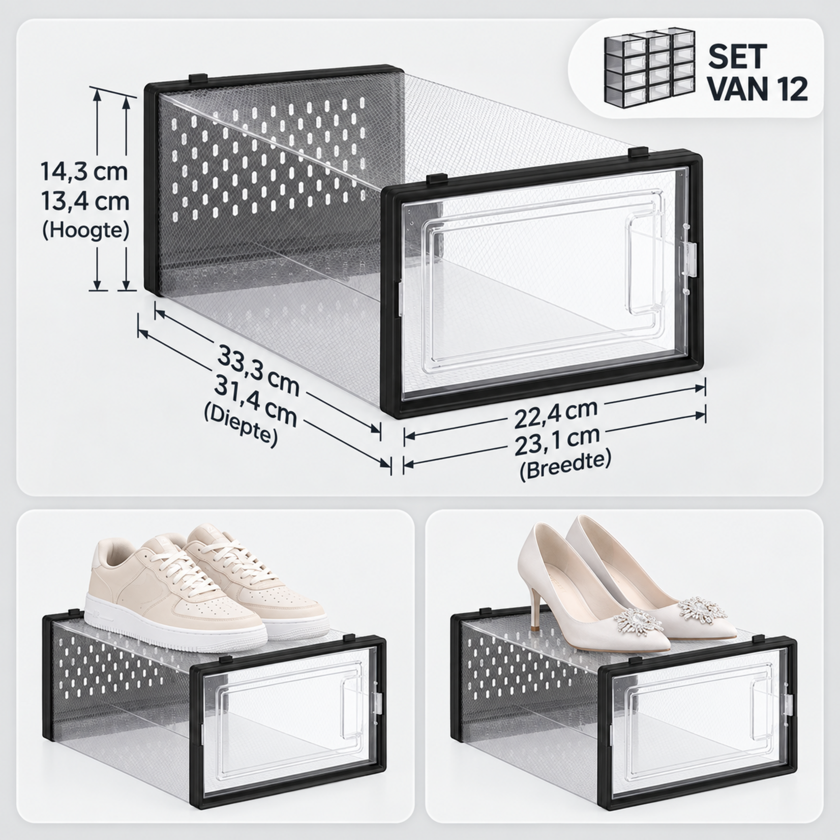 Bobbel Home Bobbel Home Schoenendozen Set van 12 Transparant Stapelbaar tot Maat 45