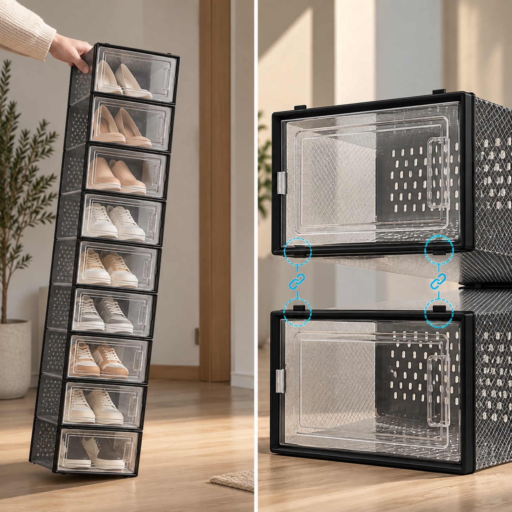Bobbel Home Bobbel Home Schoenendozen Set van 12 Transparant Stapelbaar tot Maat 45