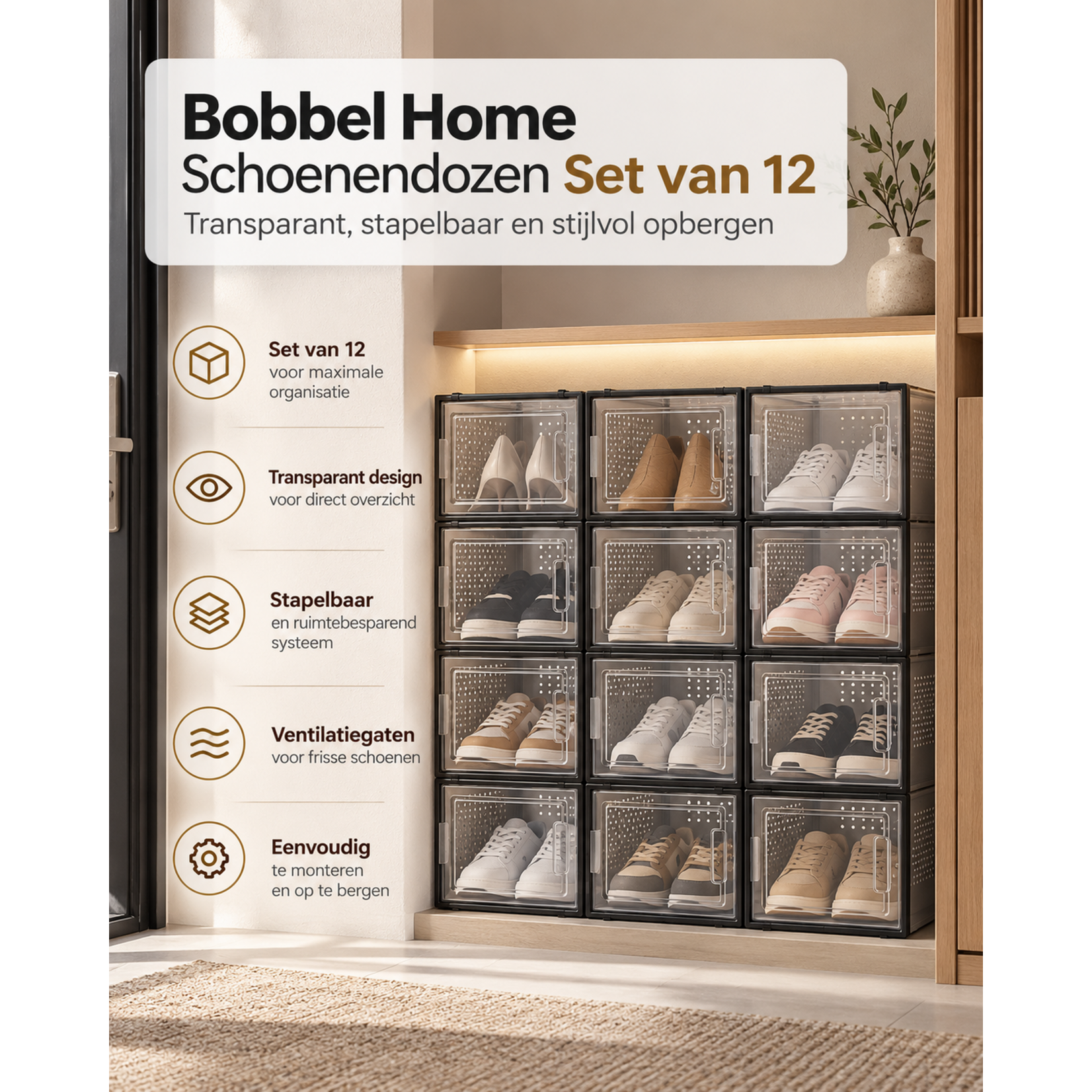 Bobbel Home Bobbel Home Schoenendozen Set van 12 Transparant Stapelbaar tot Maat 45