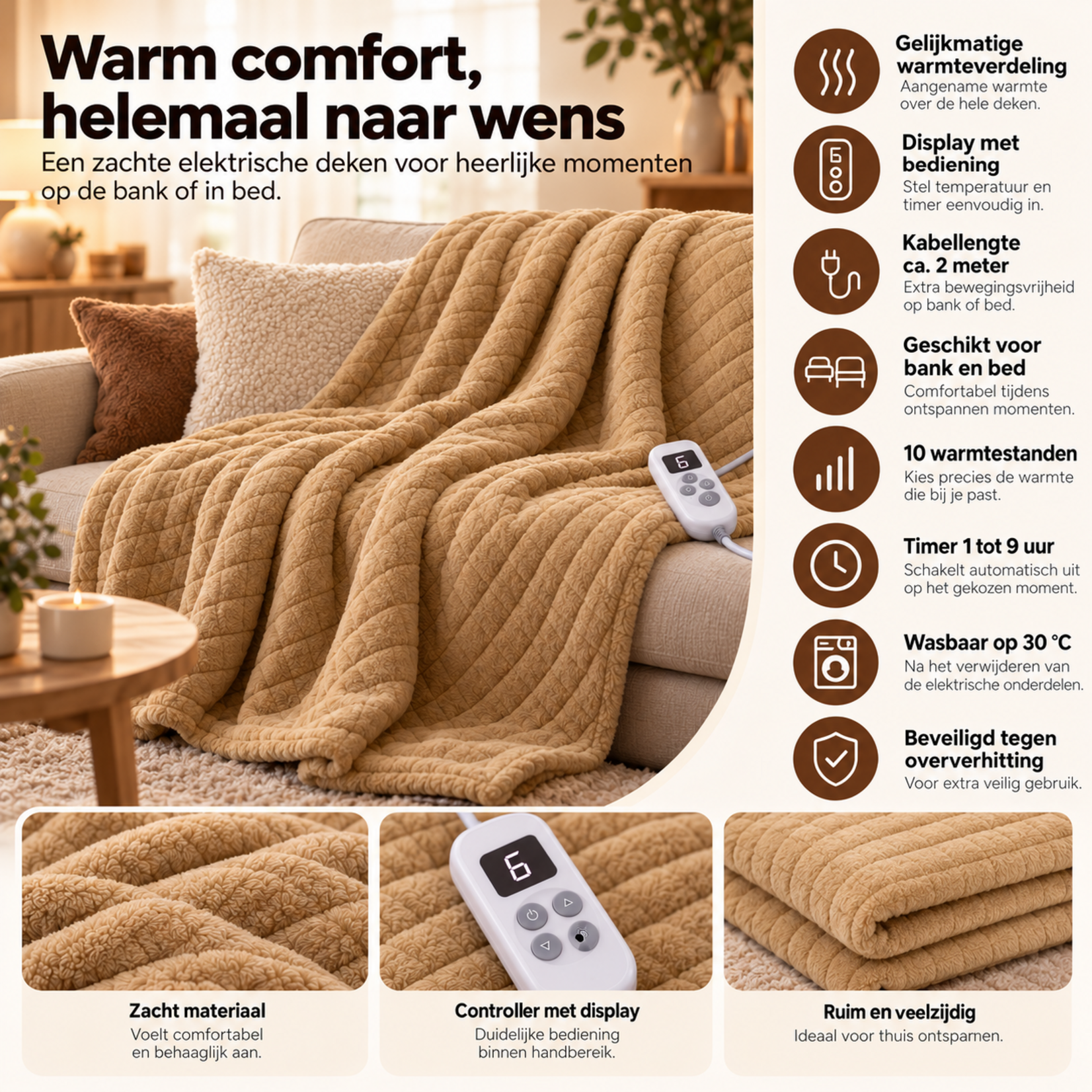 Parya Parya - Elektrische onderdeken - 180x130 cm - Polyester - Beige