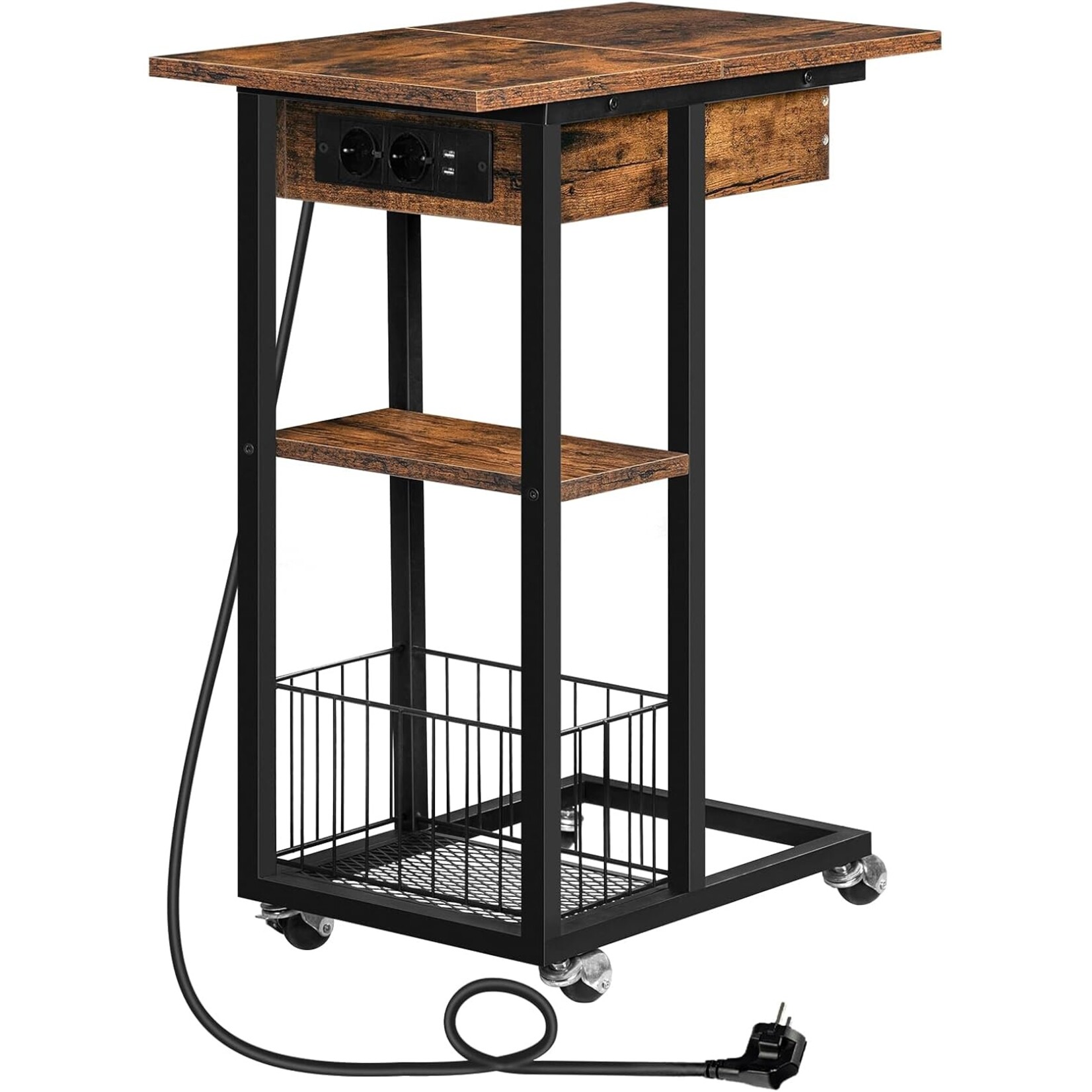 Bobbel Home Bobbel Home Side Table with Charging Station and Wheels | Dark Brown and Black | 60 x 30 x 73 cm | Practical Home Storage