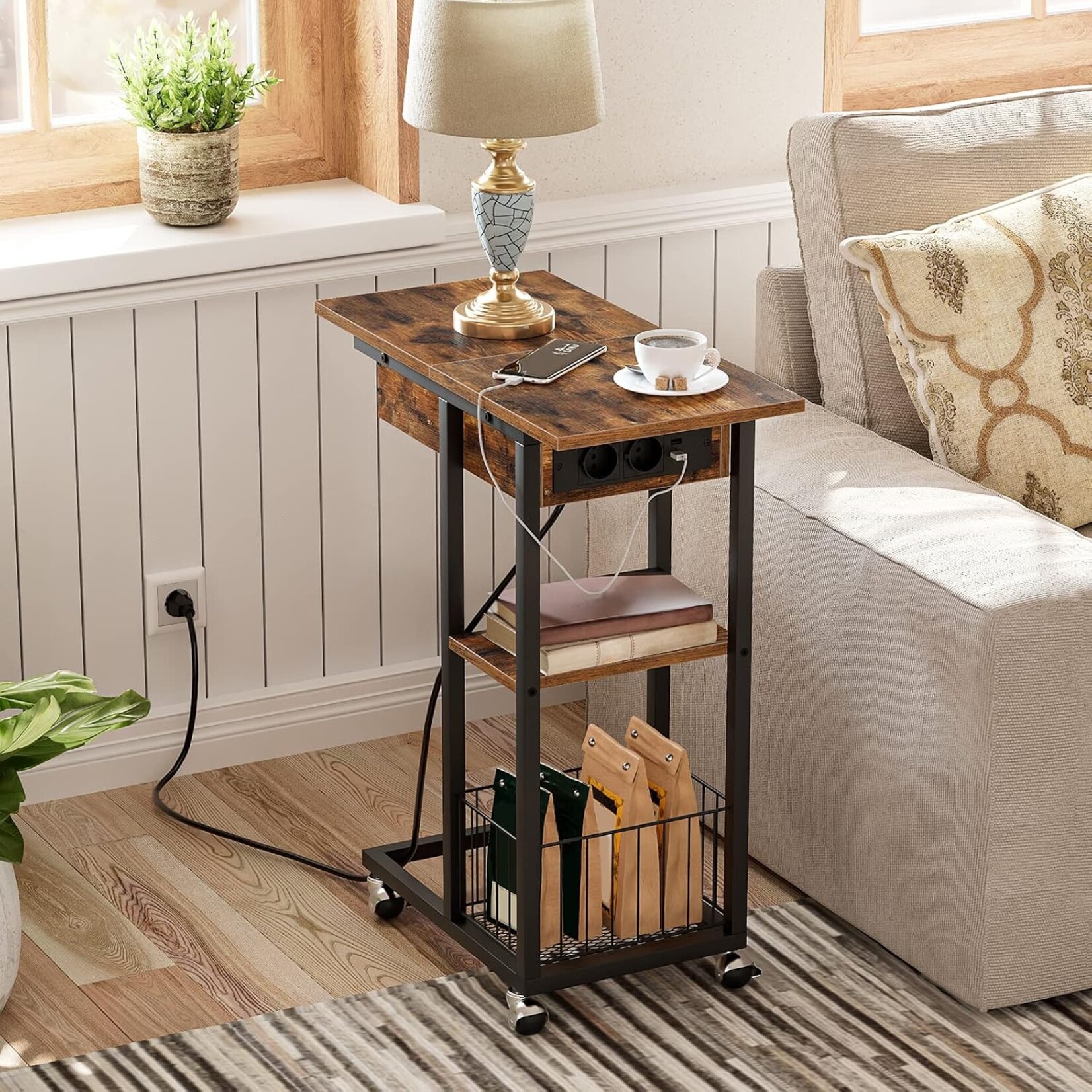 Bobbel Home Bobbel Home Bijzettafel met laadstation en wielen | Donkerbruin en zwart | 60 x 30 x 73 cm | Praktisch opbergmeubel voor thuis