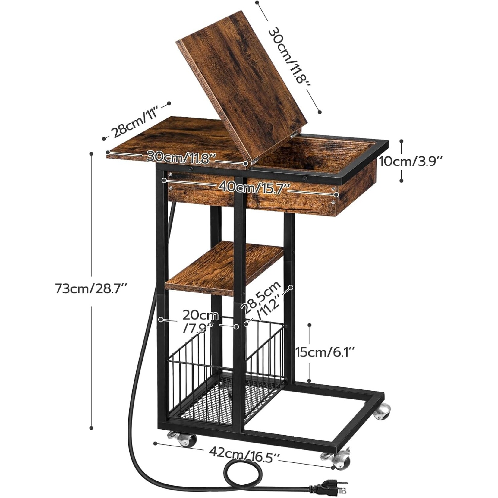 Bobbel Home Bobbel Home Bijzettafel met laadstation en wielen | Donkerbruin en zwart | 60 x 30 x 73 cm | Praktisch opbergmeubel voor thuis