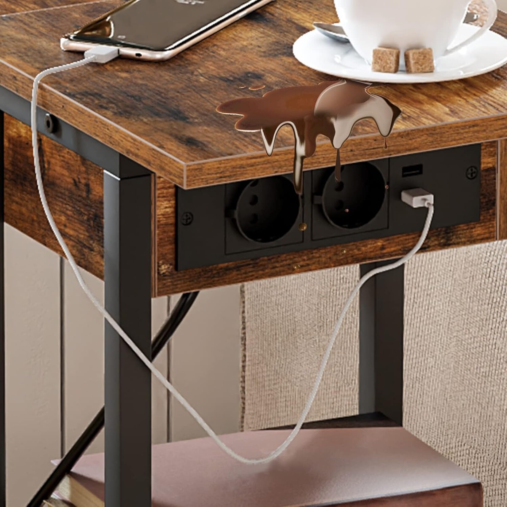 Bobbel Home Bobbel Home Bijzettafel met laadstation en wielen | Donkerbruin en zwart | 60 x 30 x 73 cm | Praktisch opbergmeubel voor thuis