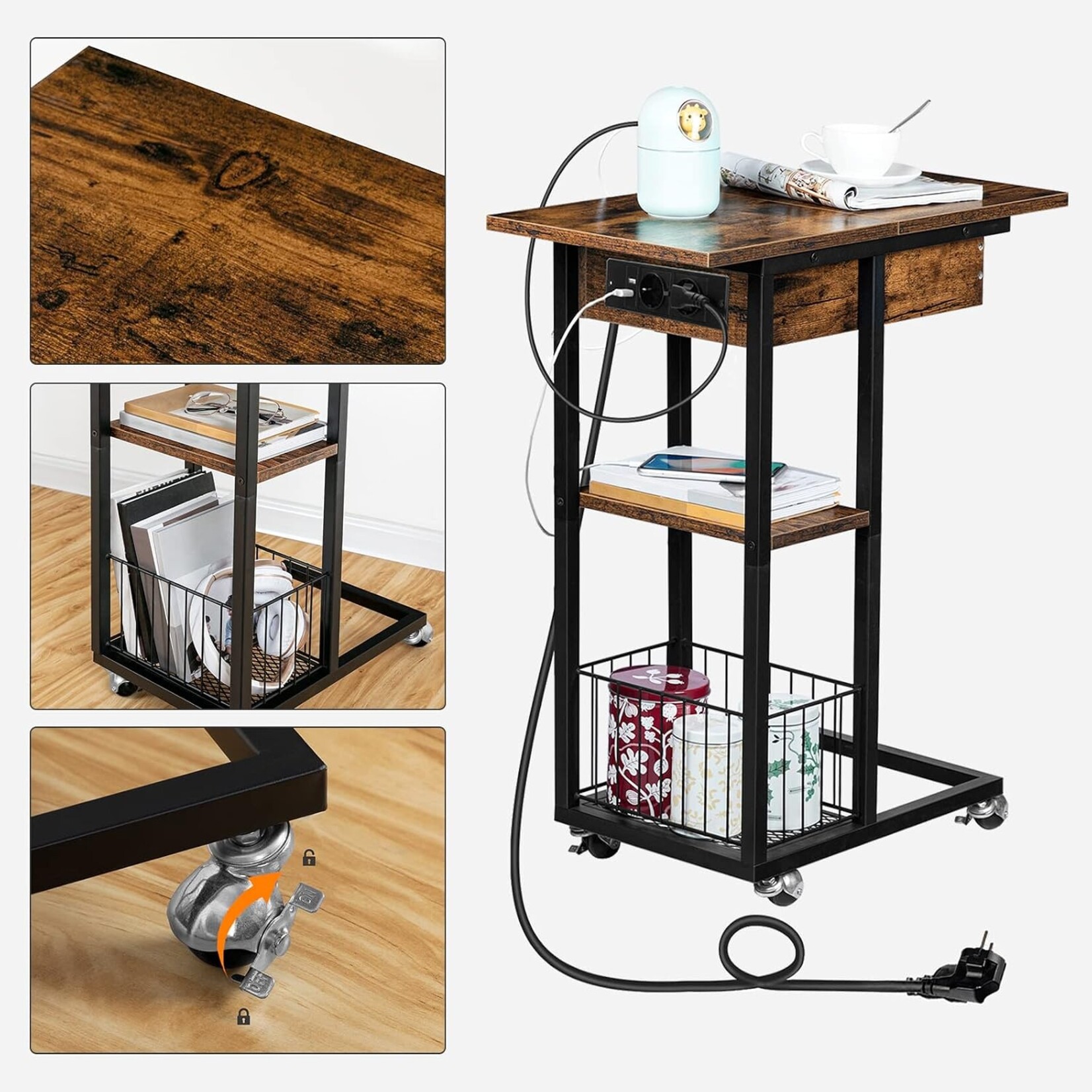 Bobbel Home Bobbel Home Side Table with Charging Station and Wheels | Dark Brown and Black | 60 x 30 x 73 cm | Practical Home Storage