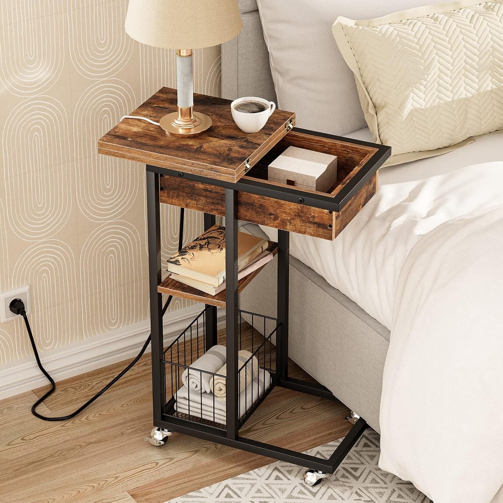 Bobbel Home Bobbel Home Side Table with Charging Station and Wheels | Dark Brown and Black | 60 x 30 x 73 cm | Practical Home Storage