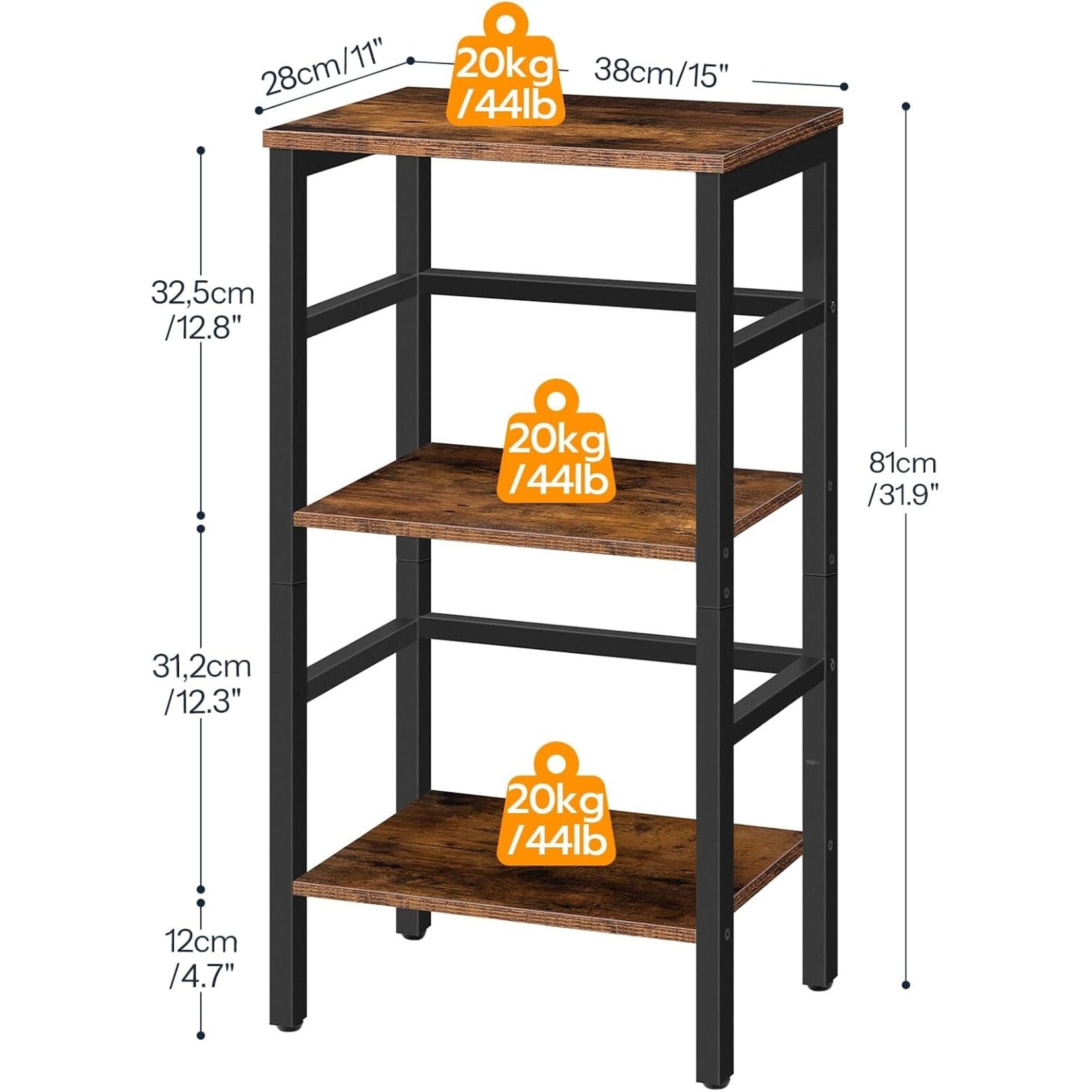 Bobbel Home Bobbel Home Slim 3 Tier Bookshelf 81 cm | 40 x 30 x 81 cm | Rustic Brown And Black