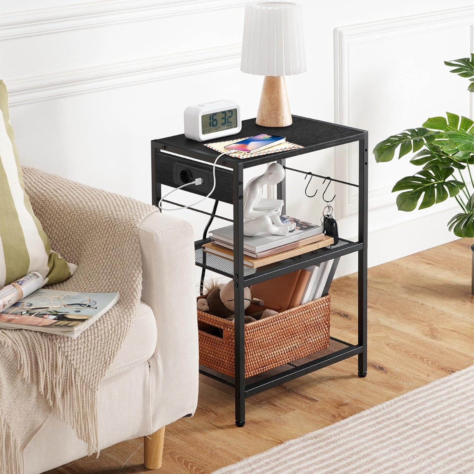 Bobbel Home Bobbel Home Verrijdbare printerstandaard met 3 niveaus en laadstation | 42 x 28 x 64 cm | Zwart