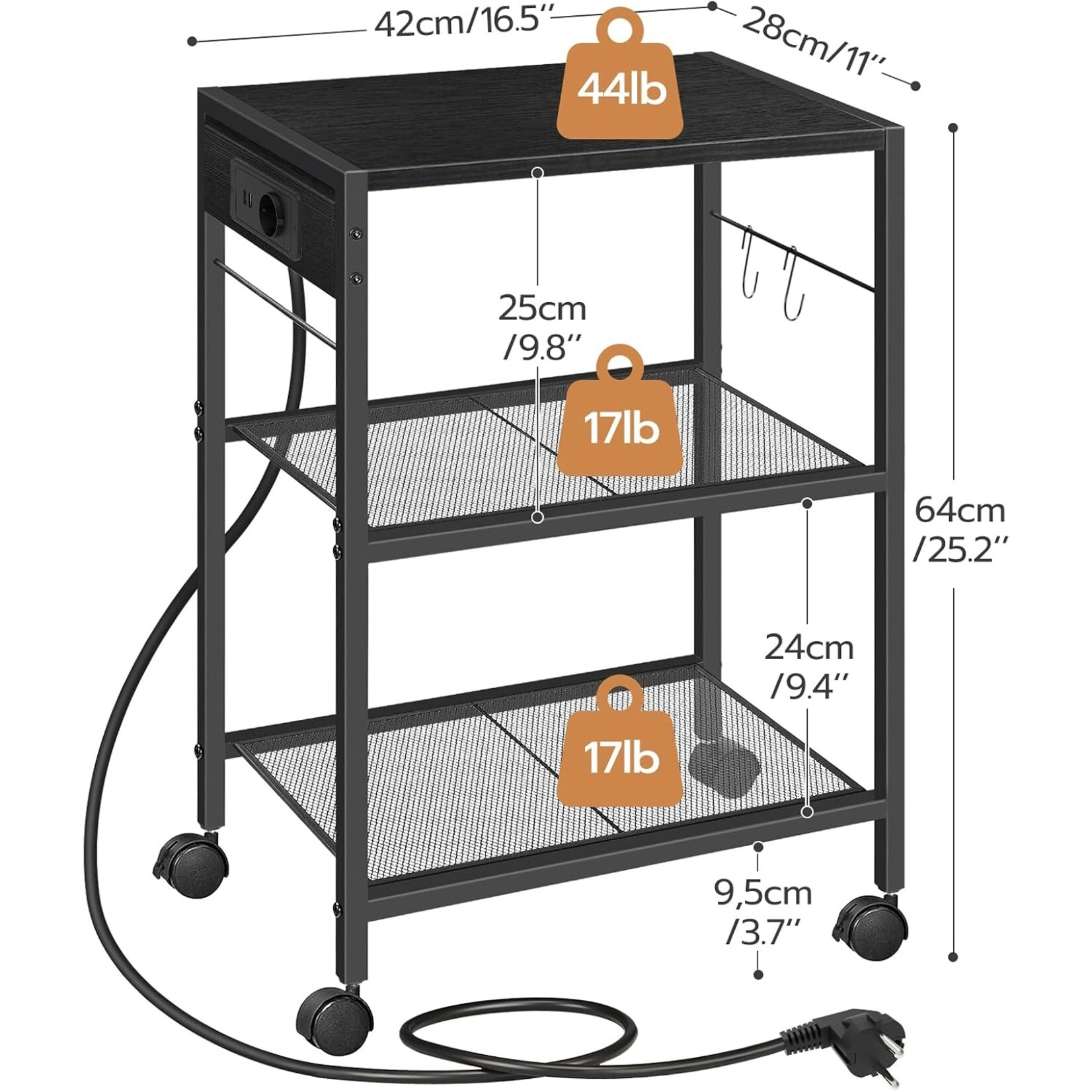 Bobbel Home Bobbel Home Rolling 3 Tier Printer Stand with Charging Station | 42 x 28 x 64 cm | Black
