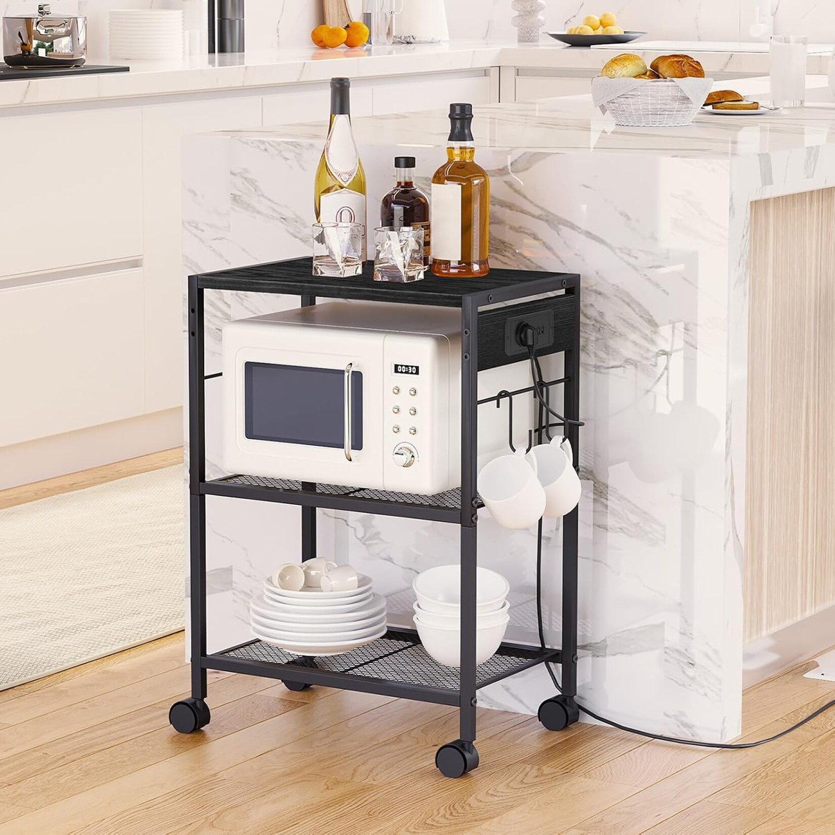 Bobbel Home Bobbel Home Verrijdbare printerstandaard met 3 niveaus en laadstation | 42 x 28 x 64 cm | Zwart