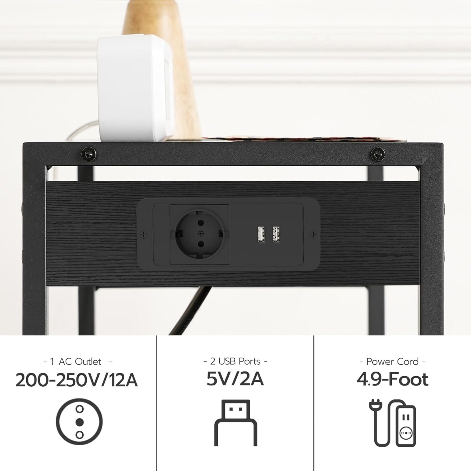 Bobbel Home Bobbel Home Rolling 3 Tier Printer Stand with Charging Station | 42 x 28 x 64 cm | Black