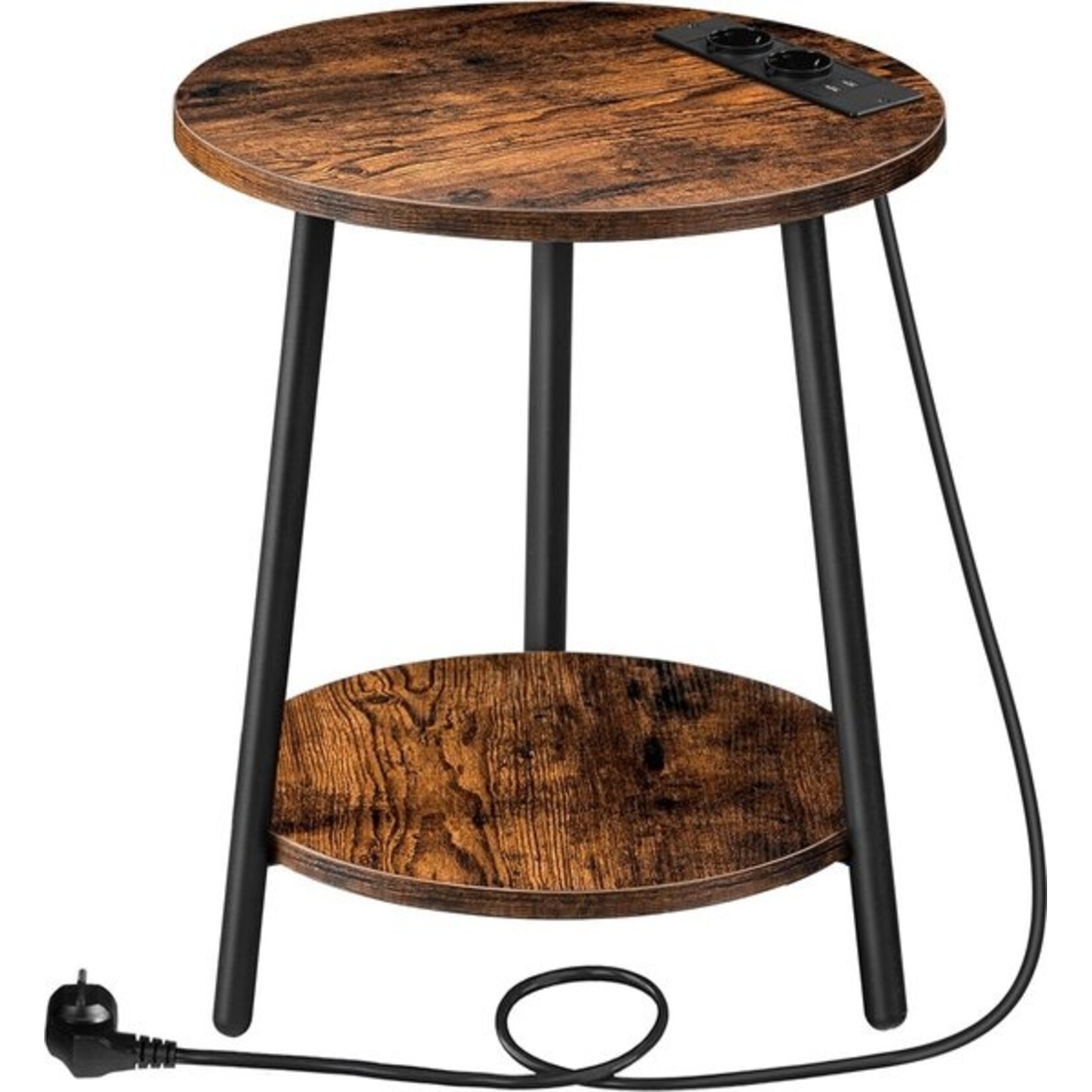 Bobbel Home Bobbel Home Round Side Table with Charging Station and 2 Tiers | 40 x 40 x 50 cm | Rustic Brown And Black