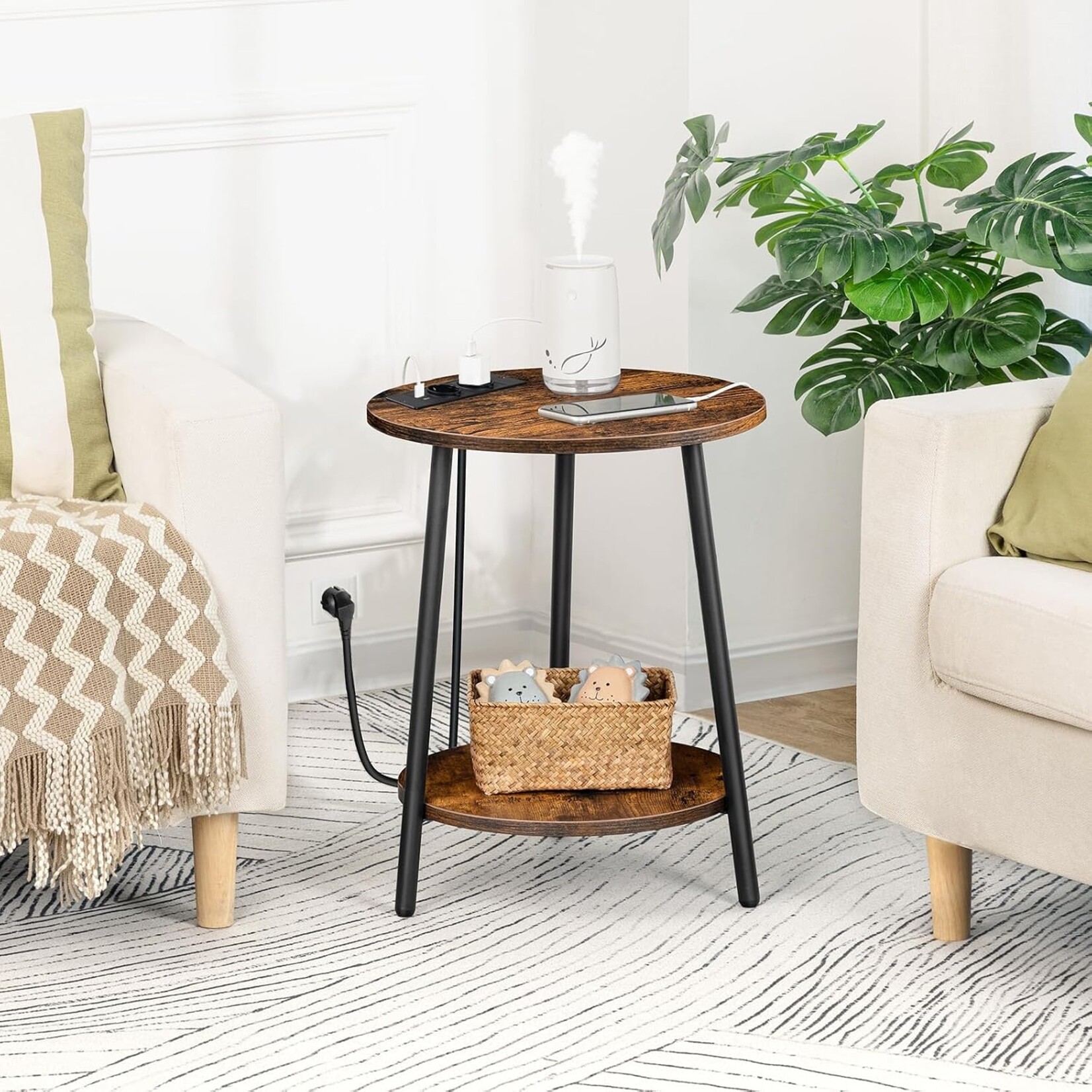Bobbel Home Bobbel Home Round Side Table with Charging Station and 2 Tiers | 40 x 40 x 50 cm | Rustic Brown And Black