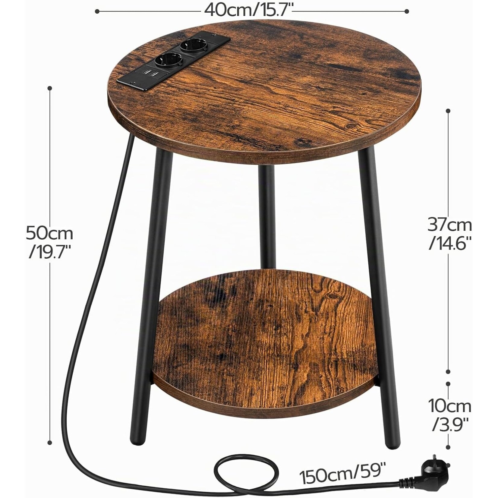 Bobbel Home Bobbel Home Ronde bijzettafel met laadstation en 2 niveaus | 40 x 40 x 50 cm | Vintagebruin En Zwart