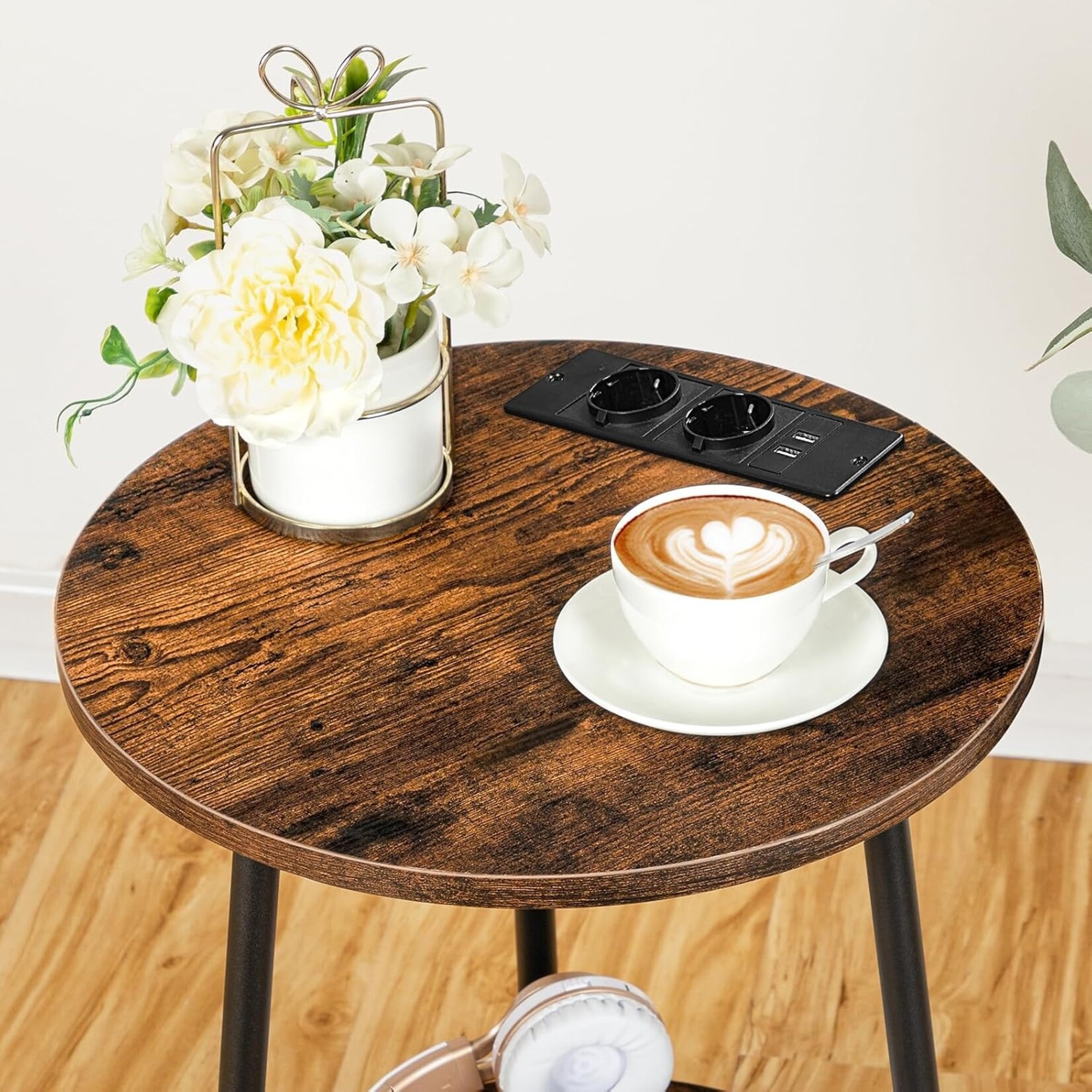 Bobbel Home Bobbel Home Round Side Table with Charging Station and 2 Tiers | 40 x 40 x 50 cm | Rustic Brown And Black