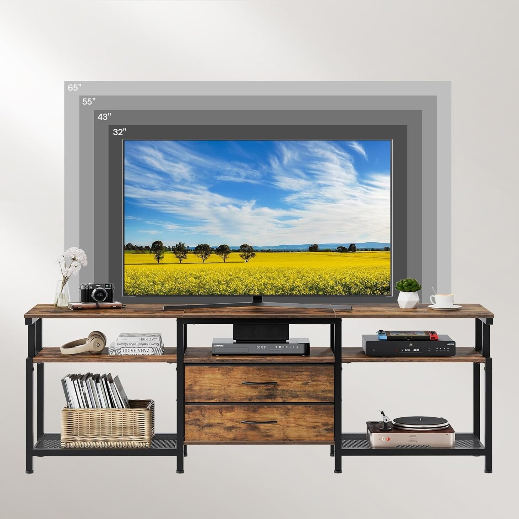 Bobbel Home Bobbel Home Tv meubel van 160 cm met 2 stoffen lades | 160 x 40 x 54,5 cm | Vintagebruin En Zwart