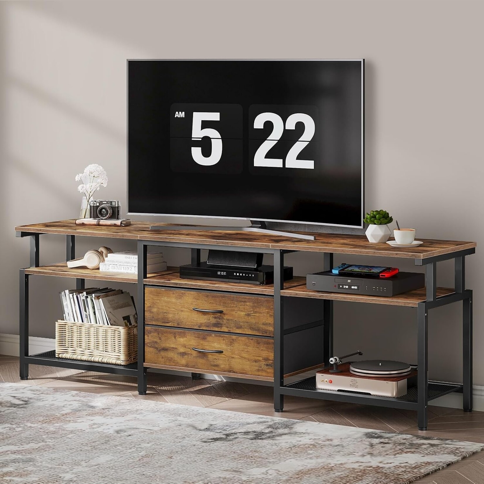 Bobbel Home Bobbel Home Tv meubel van 160 cm met 2 stoffen lades | 160 x 40 x 54,5 cm | Vintagebruin En Zwart