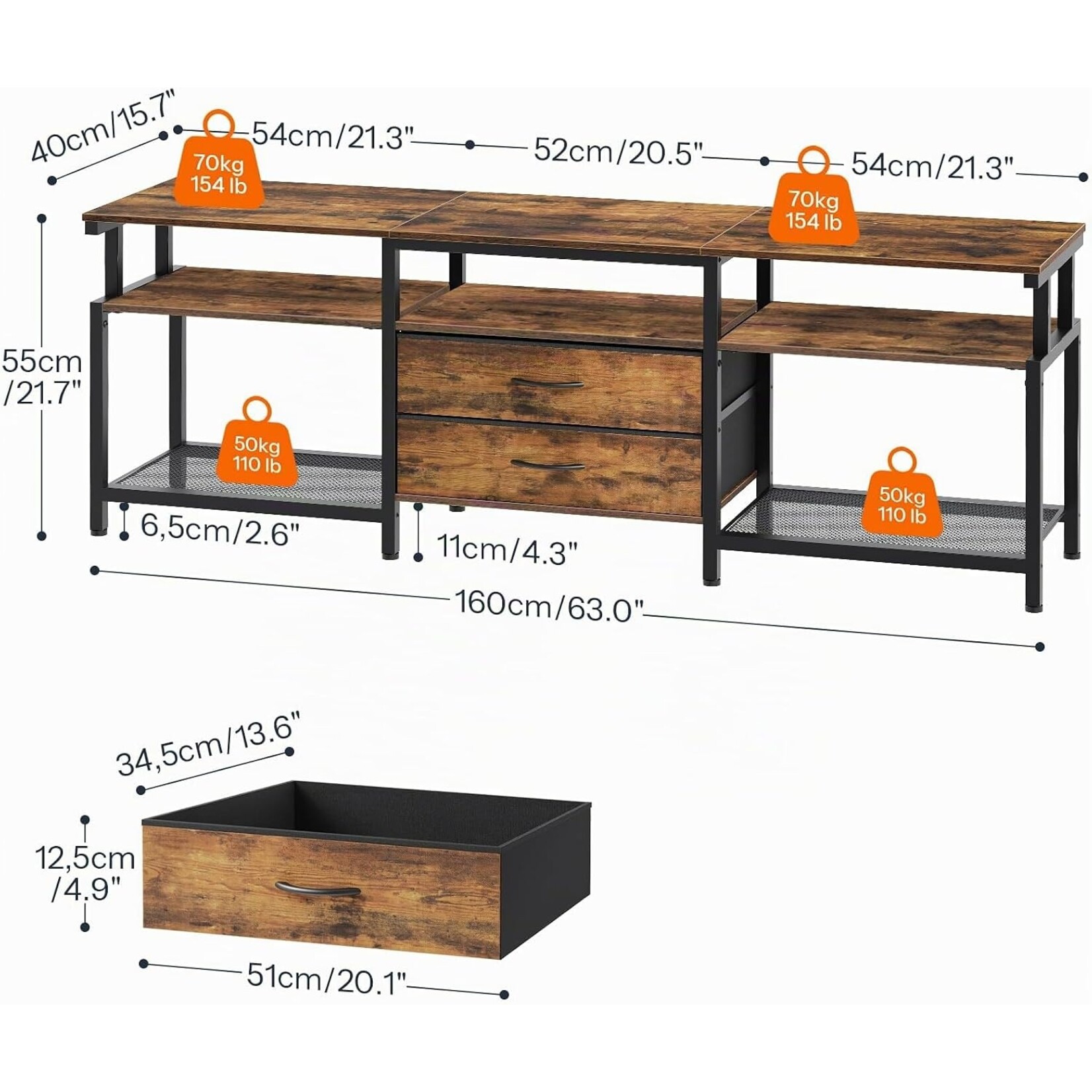 Bobbel Home Bobbel Home Tv meubel van 160 cm met 2 stoffen lades | 160 x 40 x 54,5 cm | Vintagebruin En Zwart