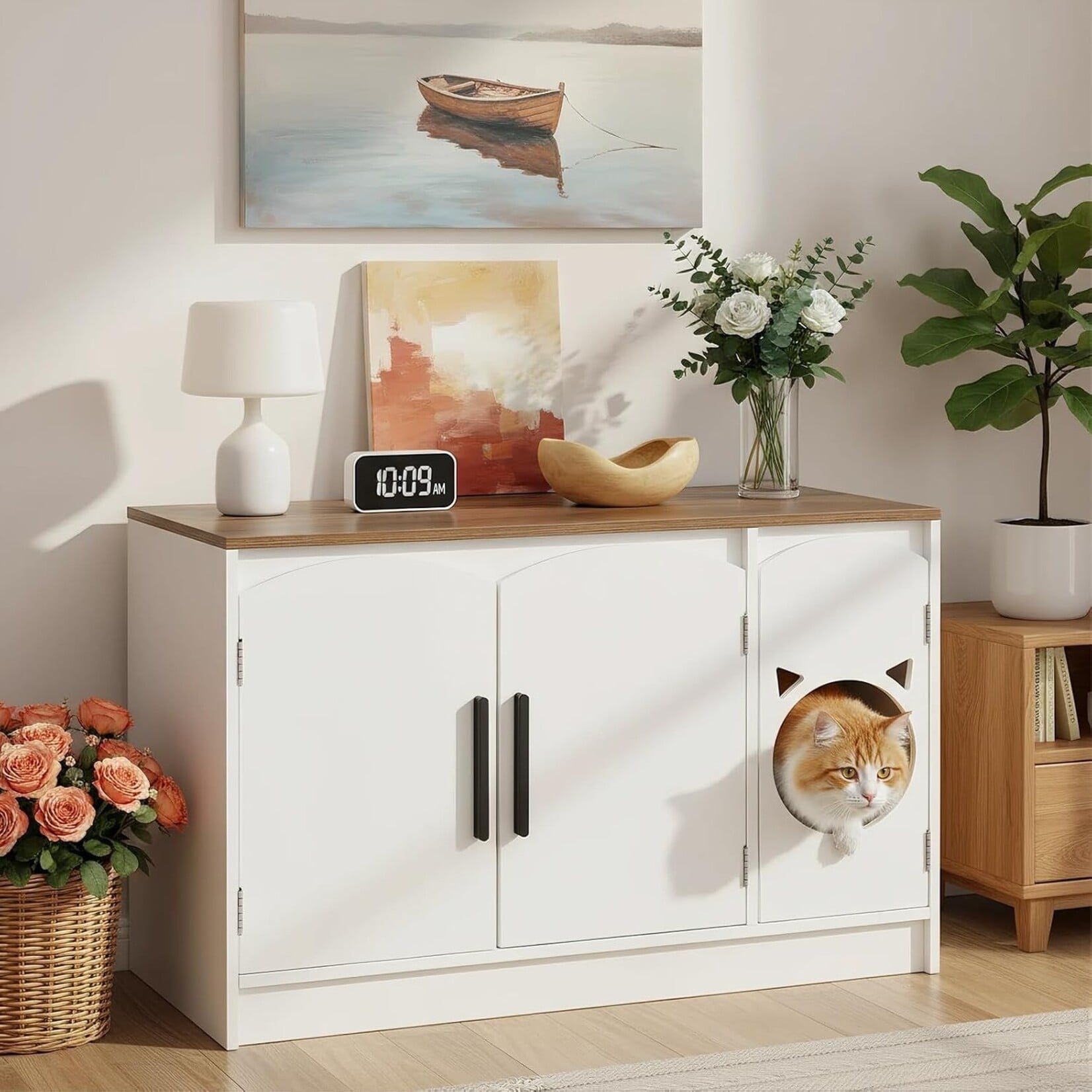 Bobbel Home Bobbel Home Kattenbakmeubel met 2 deuren in wit en walnoot | Wit En Walnoot