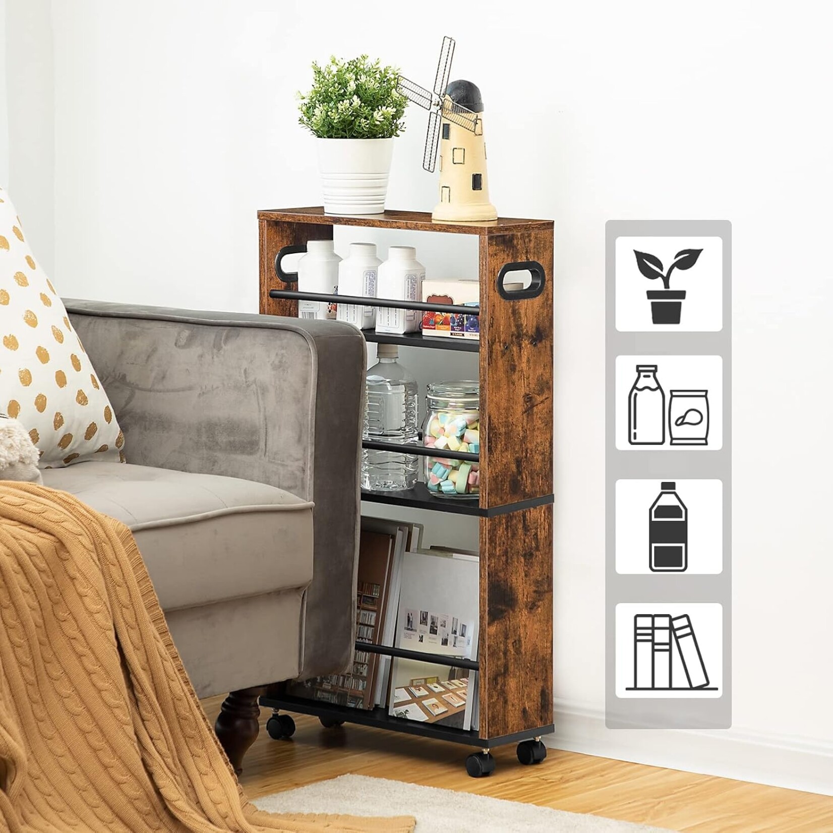 Bobbel Home Bobbel Home Slim Rolling Storage Trolley with 4 Tiers | 45 x 15 x 80 cm | Rustic Brown And Black