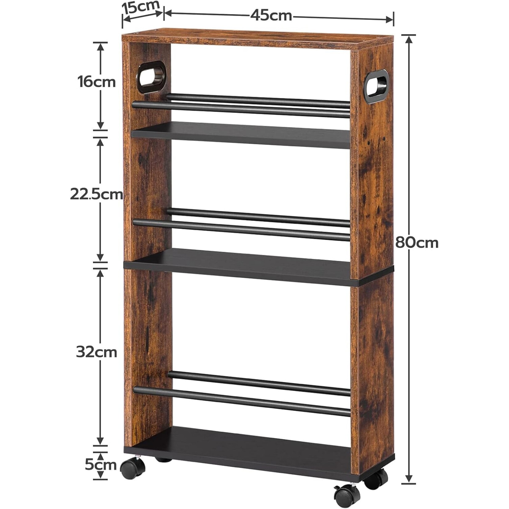 Bobbel Home Bobbel Home Slim Rolling Storage Trolley with 4 Tiers | 45 x 15 x 80 cm | Rustic Brown And Black