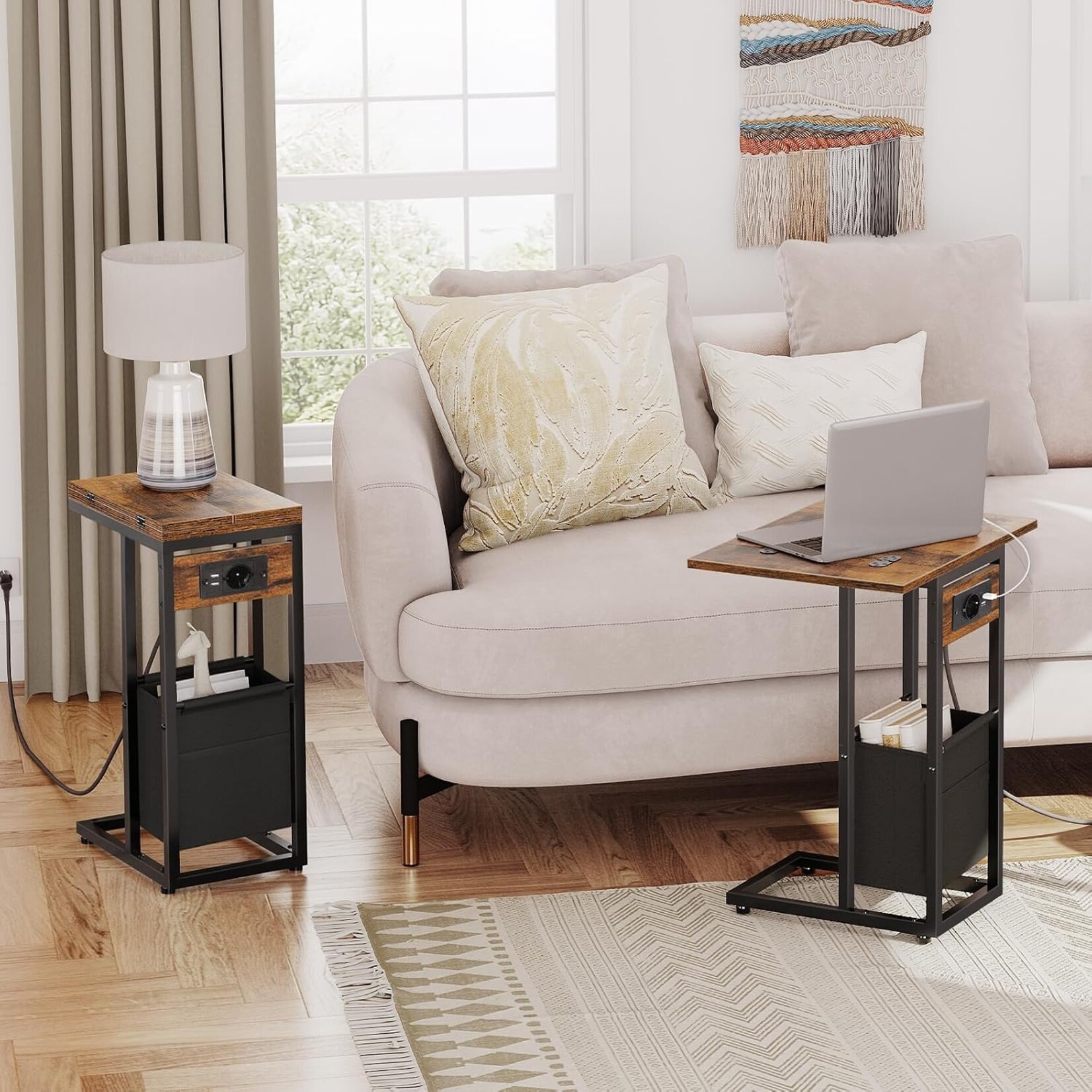 Bobbel Home Bobbel Home Bijzettafel met stopcontact en USB | Rustiek bruin | 39 x 26 x 62 cm | Praktisch opbergmeubel voor thuis