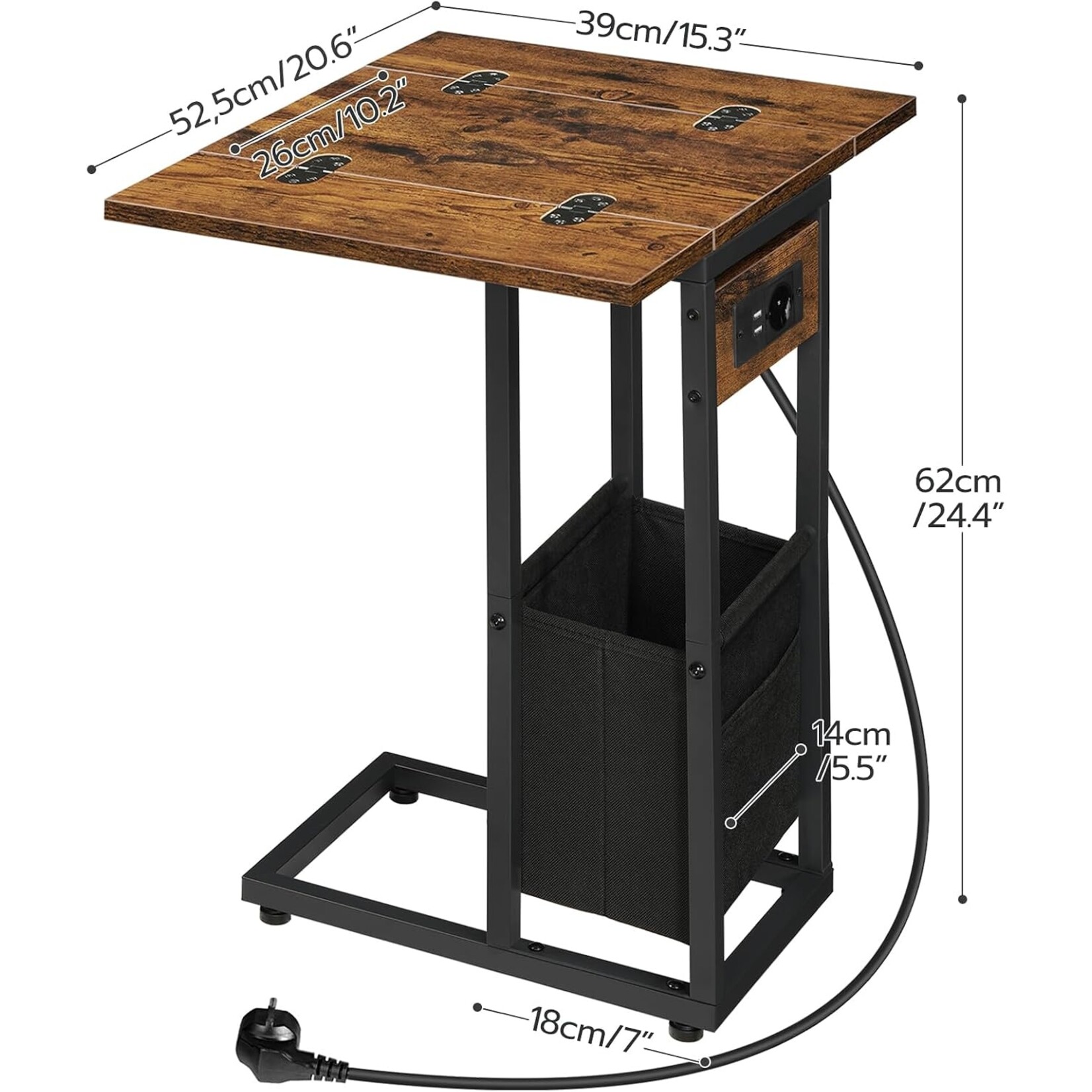 Bobbel Home Bobbel Home Bijzettafel met stopcontact en USB | Rustiek bruin | 39 x 26 x 62 cm | Praktisch opbergmeubel voor thuis