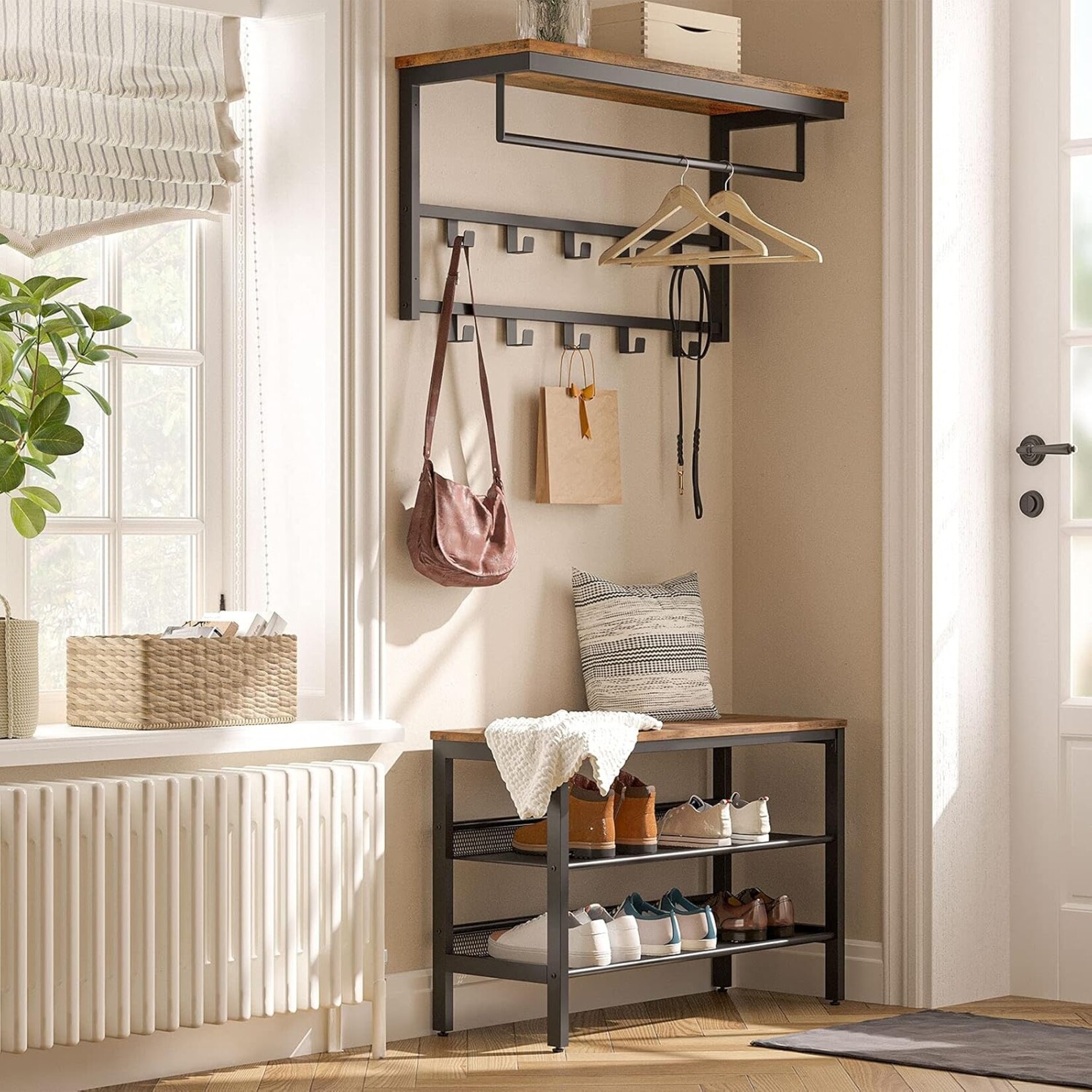 Bobbel Home Bobbel Home Wall Coat Rack with 10 Hooks and Shelf | Rustic Brown and Black | 80 x 30 x 42 cm | Practical Home Storage
