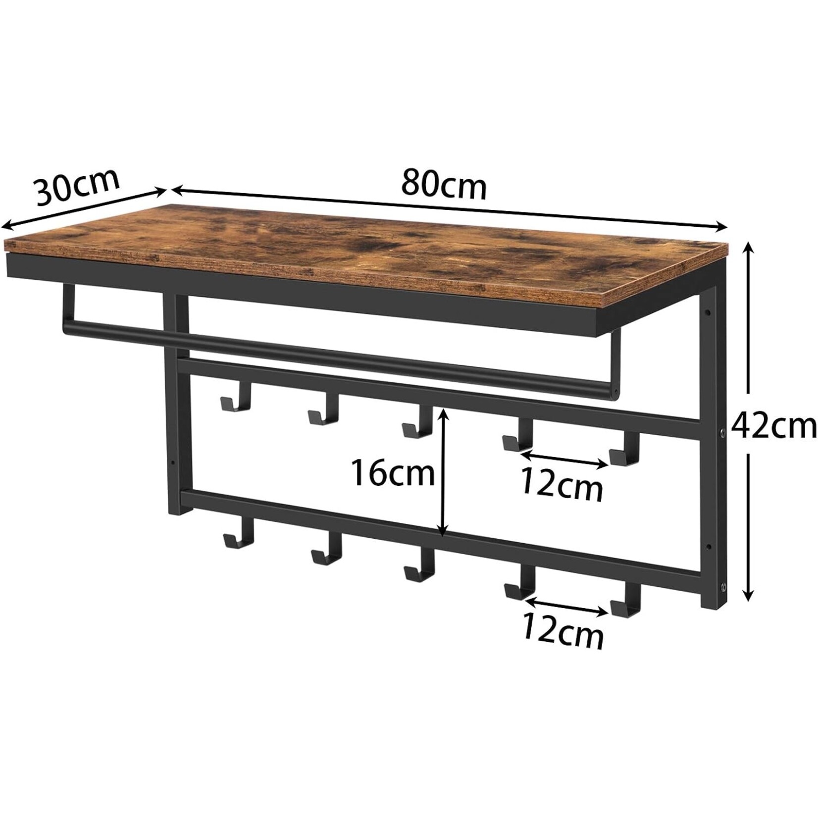 Bobbel Home Bobbel Home Wandkapstok met 10 haken en plank | Rustiek bruin en zwart | 80 x 30 x 42 cm | Praktisch opbergmeubel voor thuis