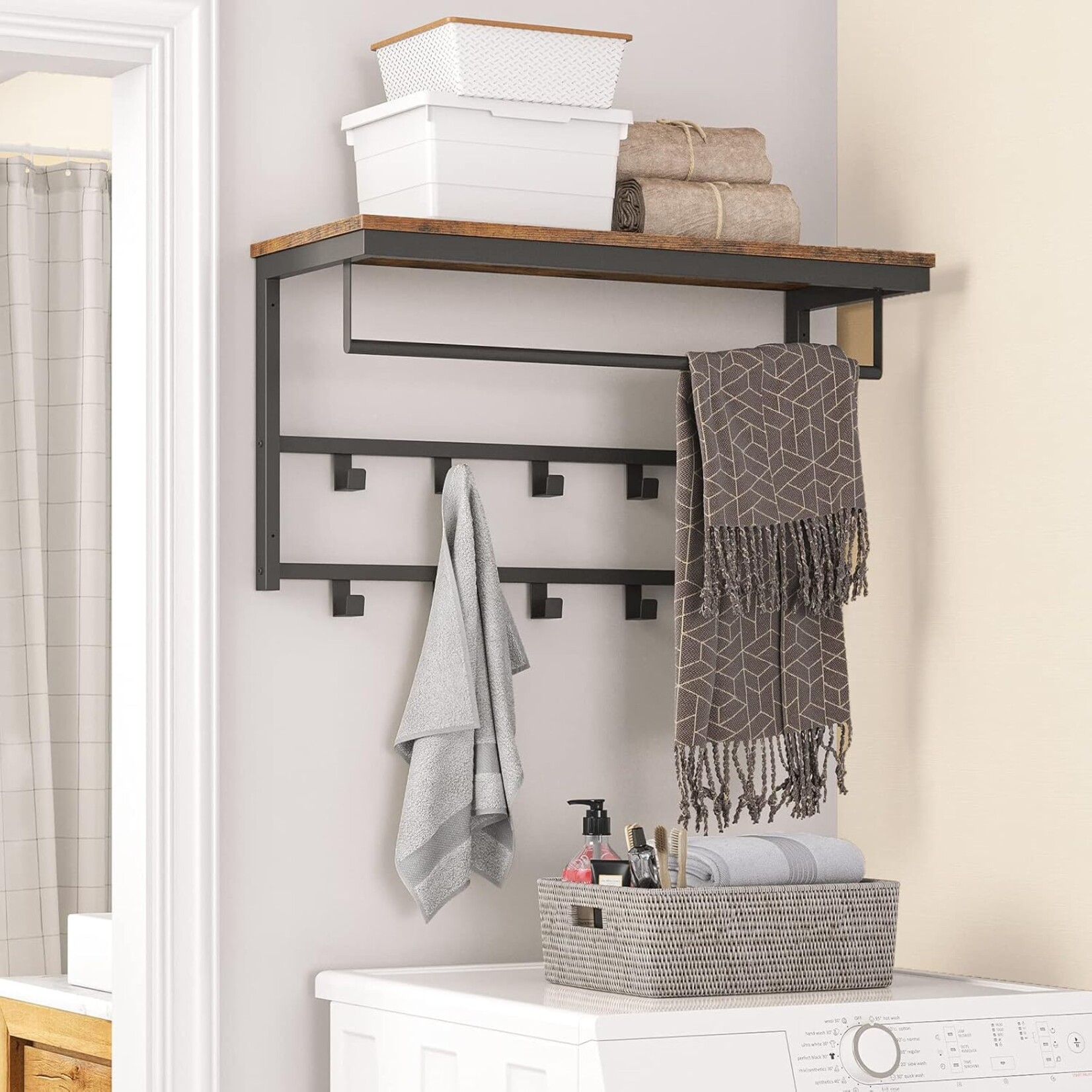 Bobbel Home Bobbel Home Wall Coat Rack with 10 Hooks and Shelf | Rustic Brown and Black | 80 x 30 x 42 cm | Practical Home Storage