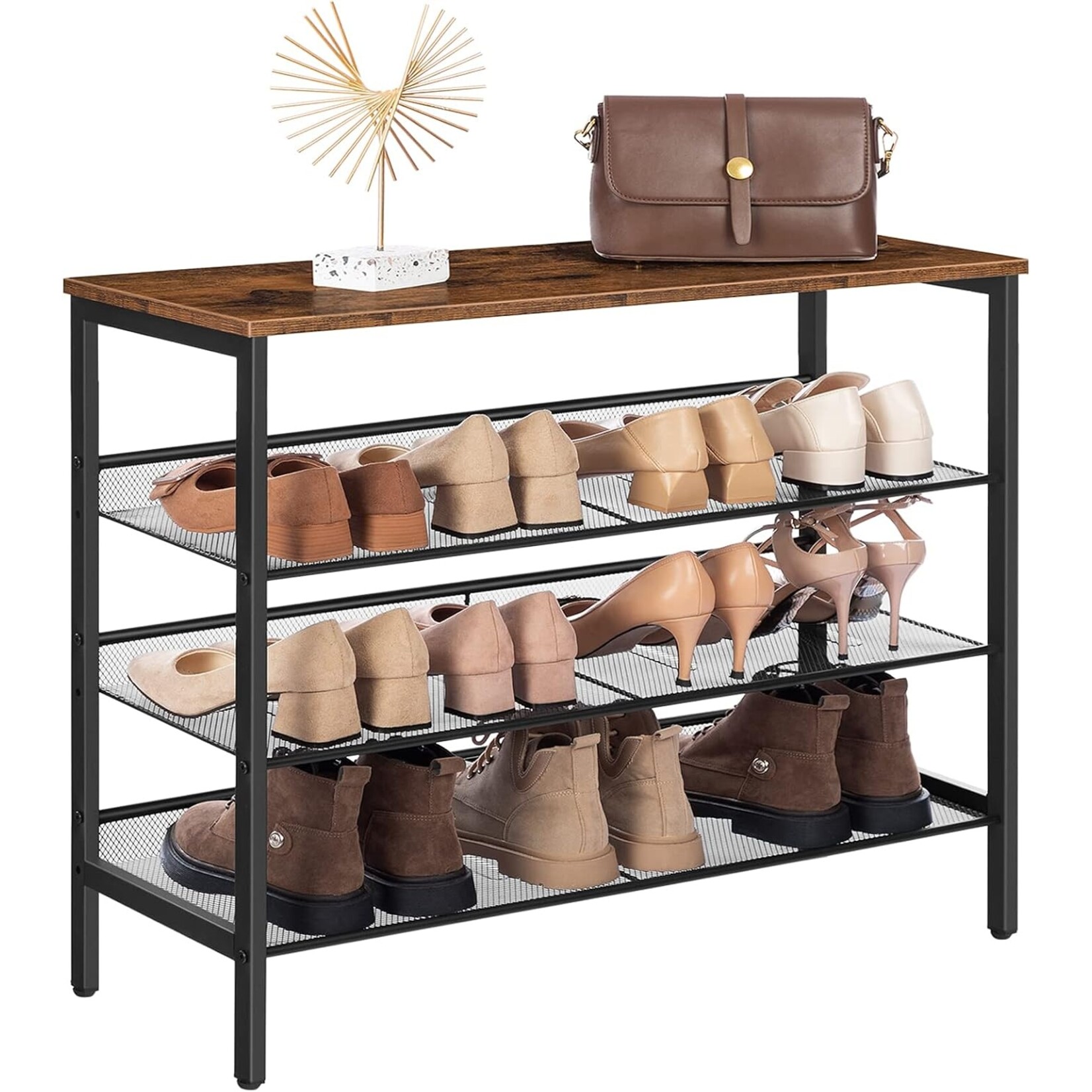 Bobbel Home Bobbel Home Industrieel schoenenrek met 4 niveaus en 3 verstelbare roosterplanken | 75 x 30 x 69 cm | Vintagebruin En Zwart
