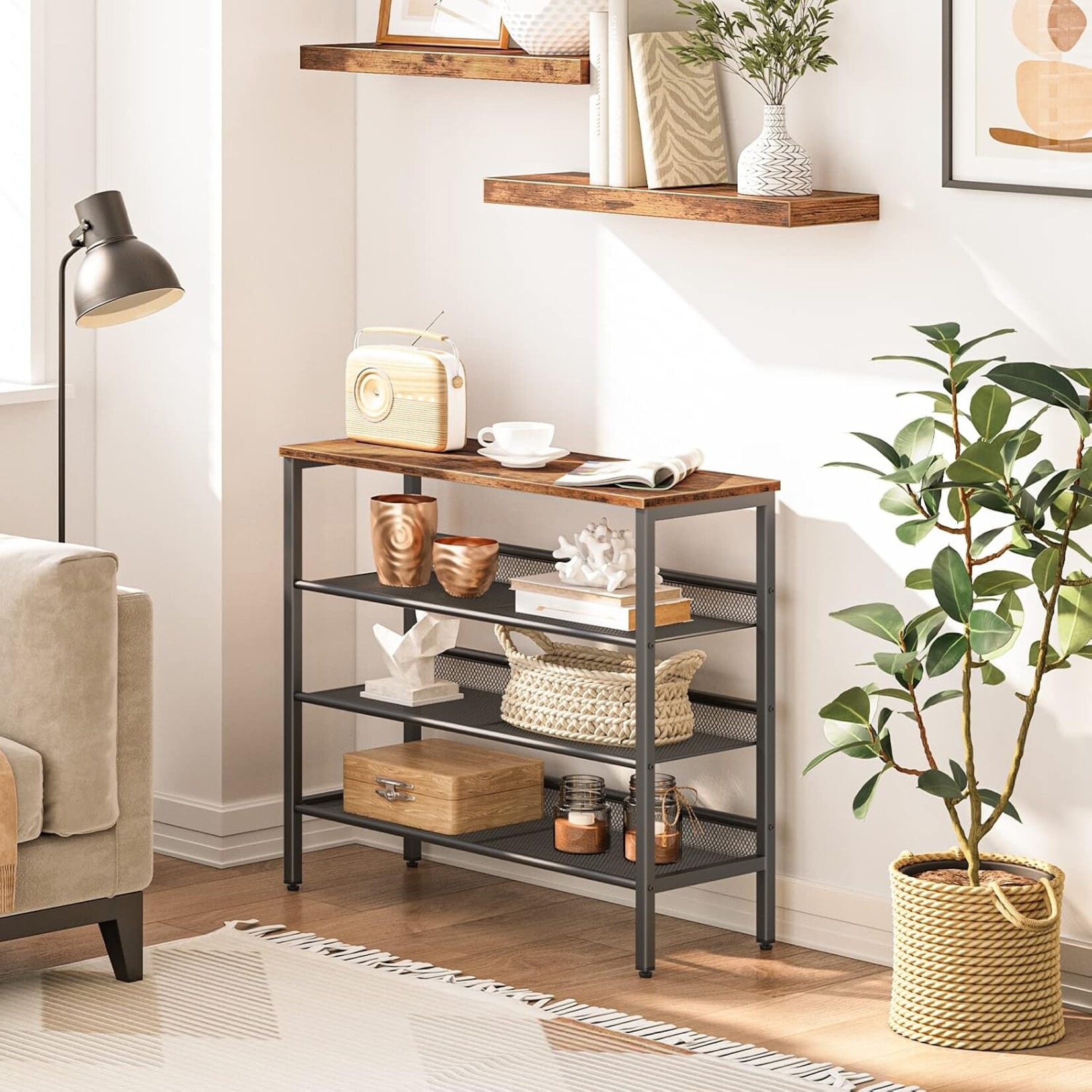 Bobbel Home Bobbel Home Industrieel schoenenrek met 4 niveaus en 3 verstelbare roosterplanken | 75 x 30 x 69 cm | Vintagebruin En Zwart
