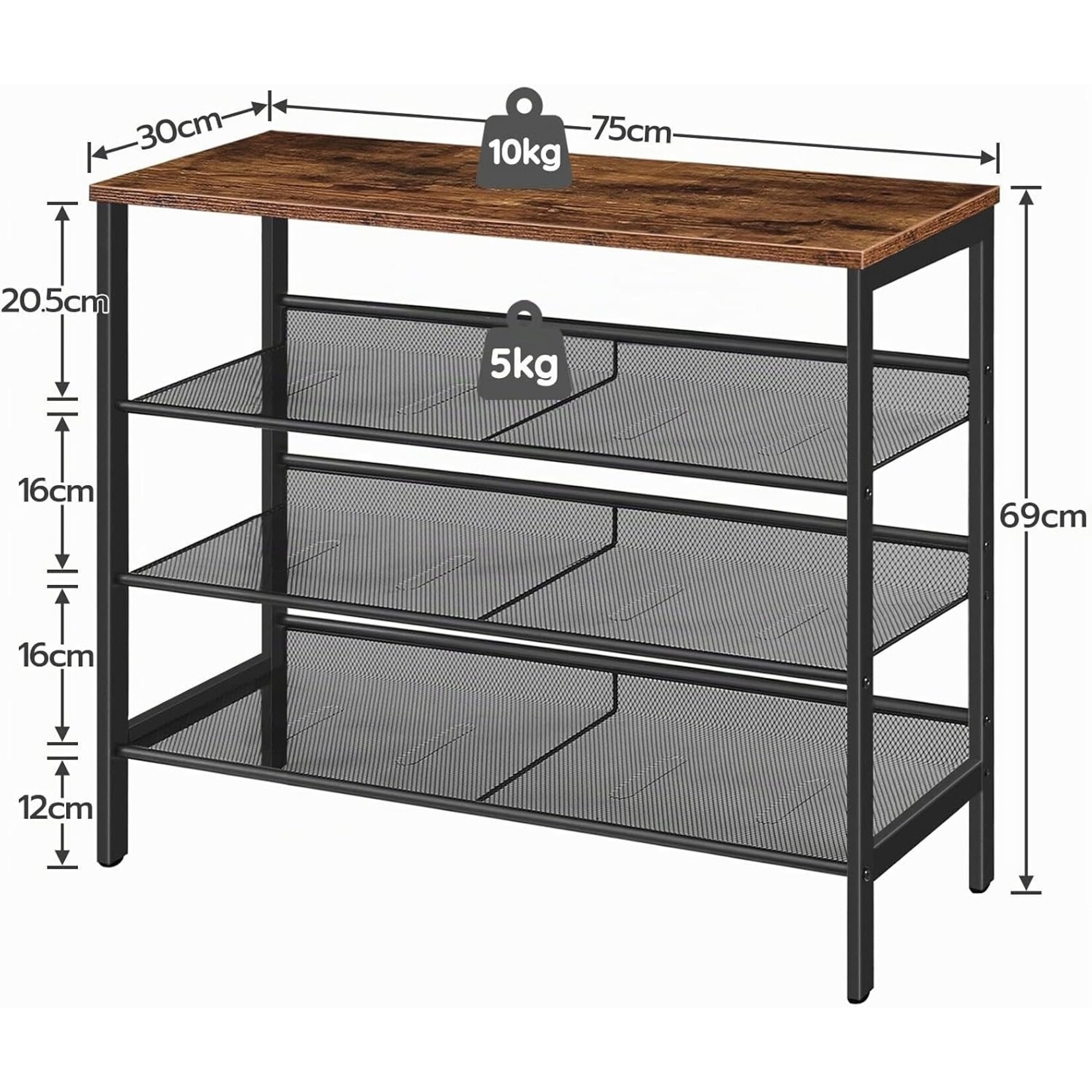 Bobbel Home Bobbel Home Industrieel schoenenrek met 4 niveaus en 3 verstelbare roosterplanken | 75 x 30 x 69 cm | Vintagebruin En Zwart