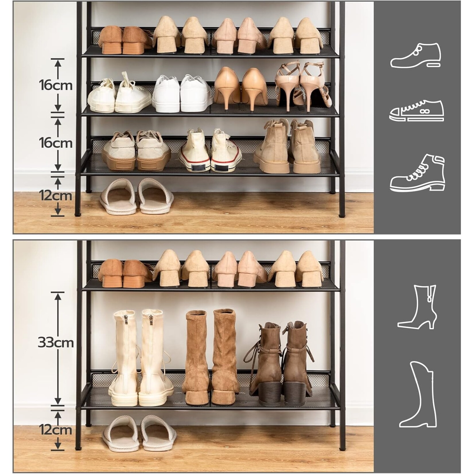 Bobbel Home Bobbel Home Industrial 4 Tier Shoe Rack with 3 Adjustable Mesh Shelves | 75 x 30 x 69 cm | Rustic Brown And Black
