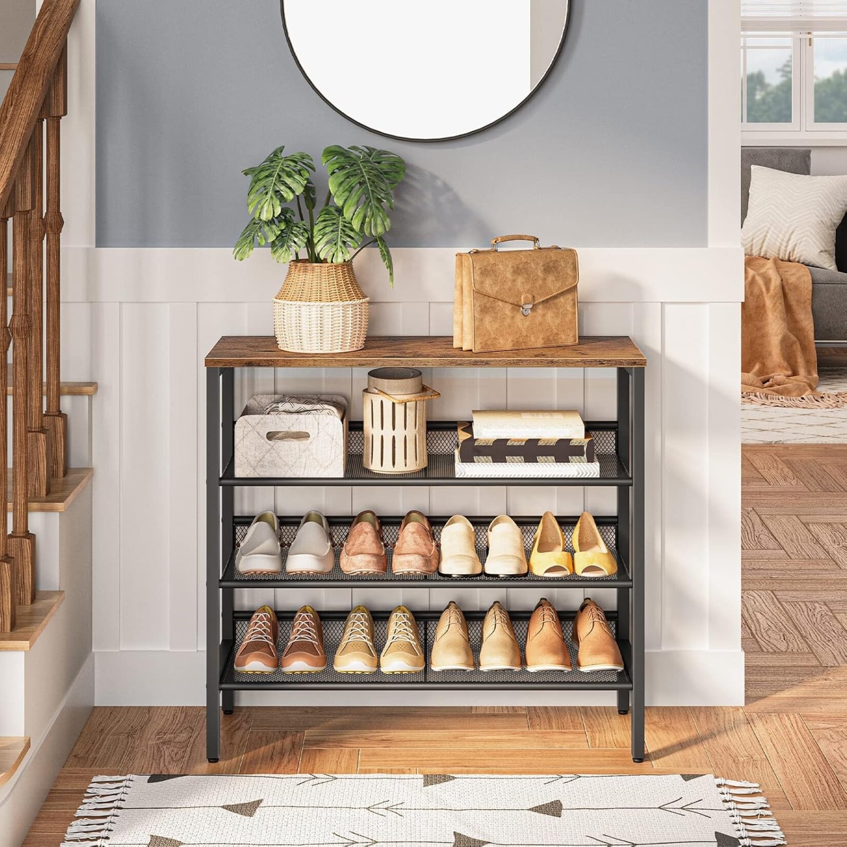 Bobbel Home Bobbel Home Industrial 4 Tier Shoe Rack with 3 Adjustable Mesh Shelves | 75 x 30 x 69 cm | Rustic Brown And Black