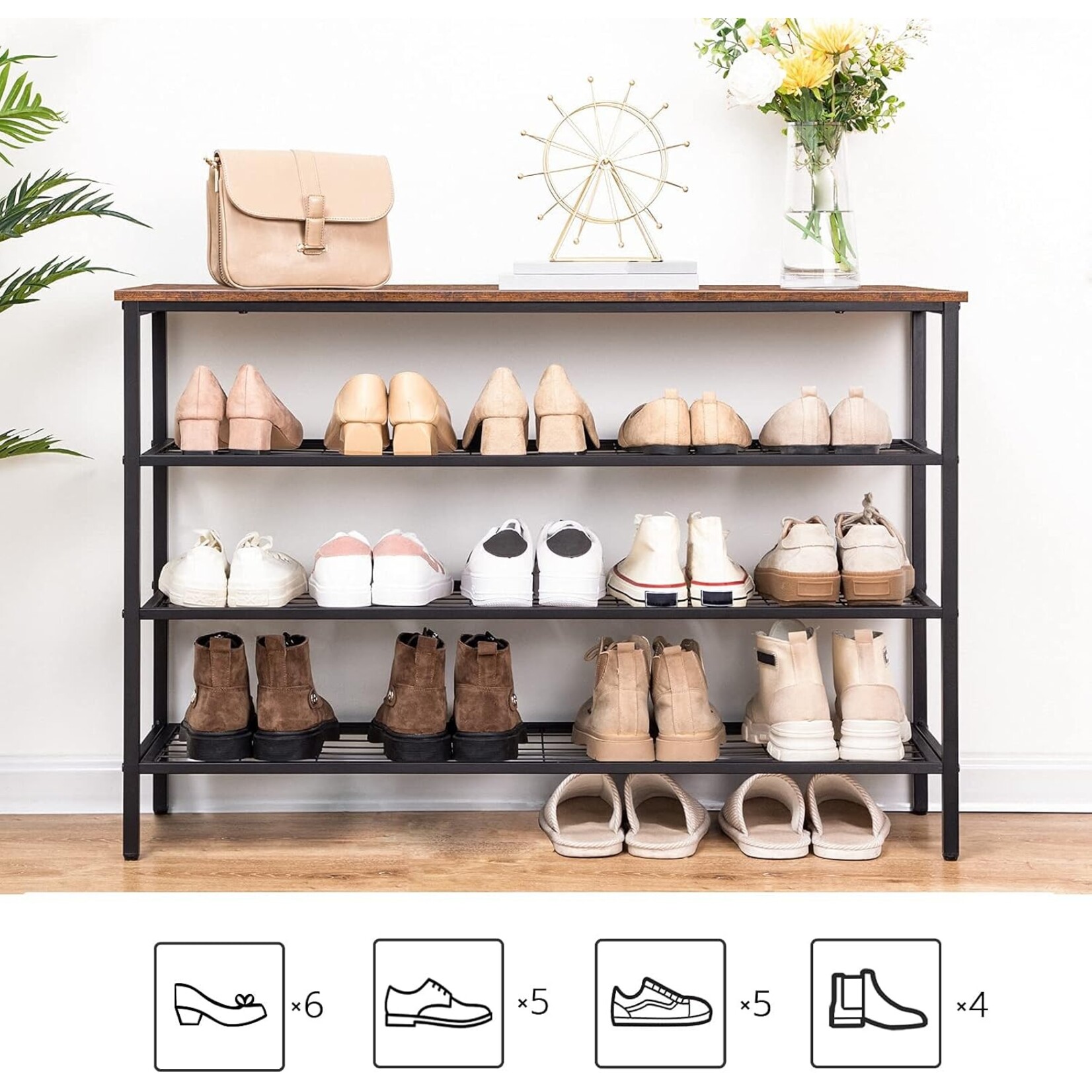 Bobbel Home Bobbel Home Industrial Four Tier Shoe Rack 100 cm | 100 x 30 x 68 cm | Rustic Brown And Black