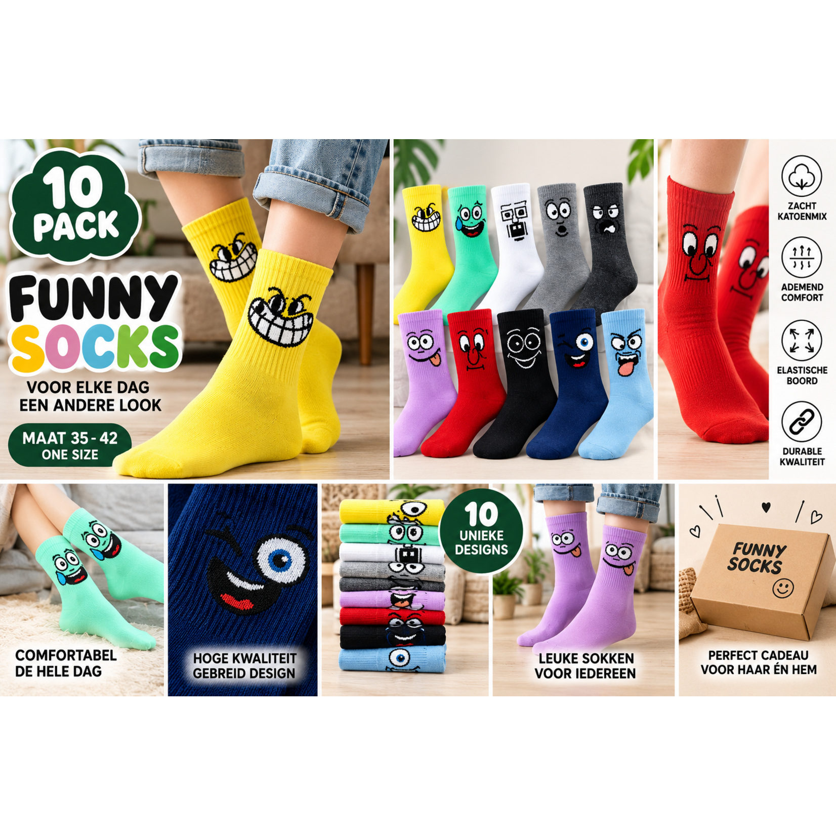Parya Smiling Socks 10 Paar Grappige Sokken Dames en Heren | Lange Kleurrijke Sokken met Vrolijke Gezichten | Maat 35 t/m 42 | Multicolor