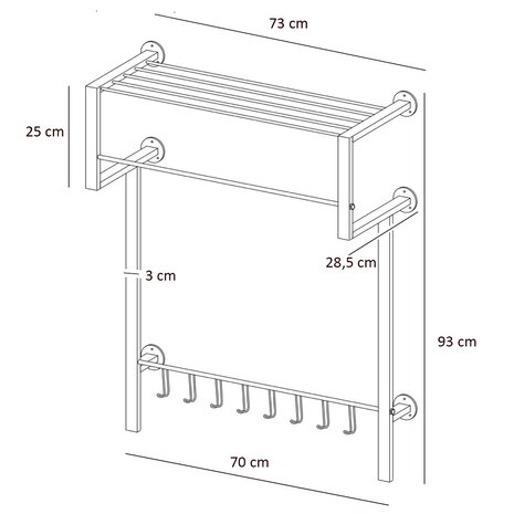 Ylumen Garderobe mit 8 Haken 70 cm breit - 90 cm hoch Schwarz