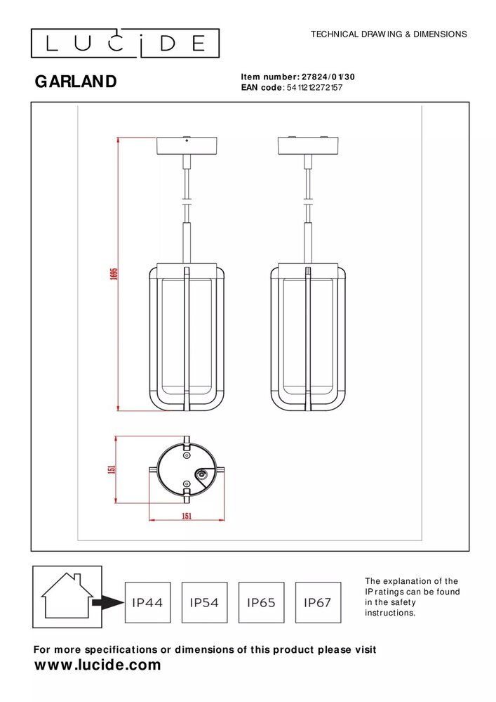 Lucide GARLAND - Hängeleuchte Innen/Außen - Ø 15,1 cm - 1xE27 - IP44 - Schwarz
