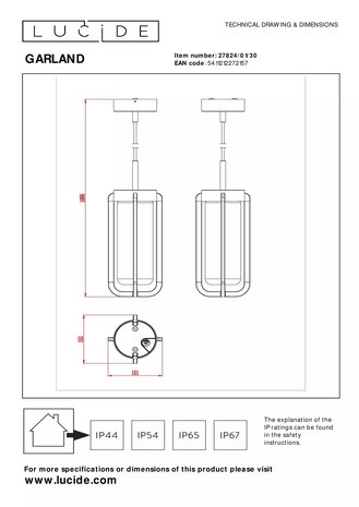 Lucide GARLAND - Hängeleuchte Innen/Außen - Ø 15,1 cm - 1xE27 - IP44 - Schwarz