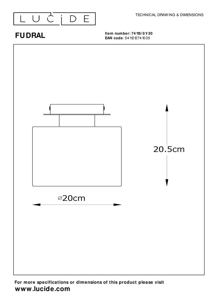 Lucide FUDRAL - Deckenleuchte - Ø 20 cm - 1xE27 - Schwarz