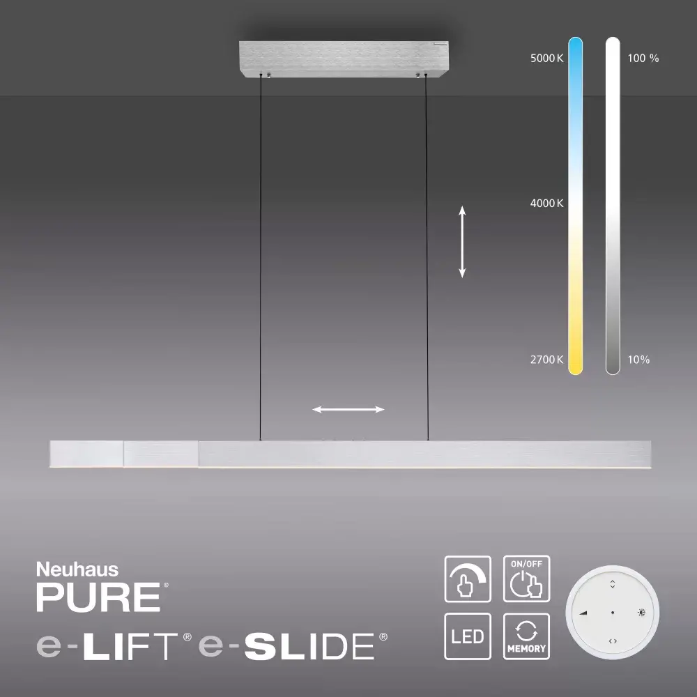 Neuhaus PURE Hängeleuchte e-Lift + e-Slide L 120-200 cm Chrom matt Neuhaus PURE Hängeleuchte e-Lift + e-Slide L 120-200 cm Chrom matt